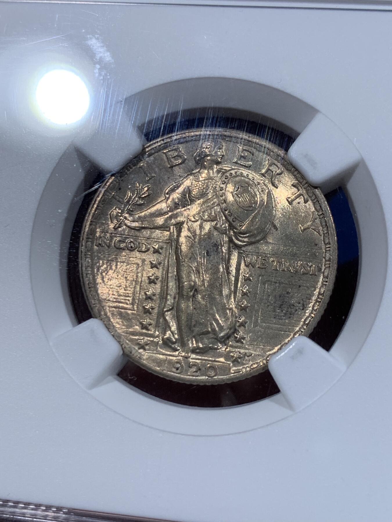 《竞宝斋》第411场 周日，周一，周二，3场连拍 （全场包邮） NGC MS63 美国 1920年 25美分 经典站姿女神设计 黄油包浆 美系玩家不可或缺的品种