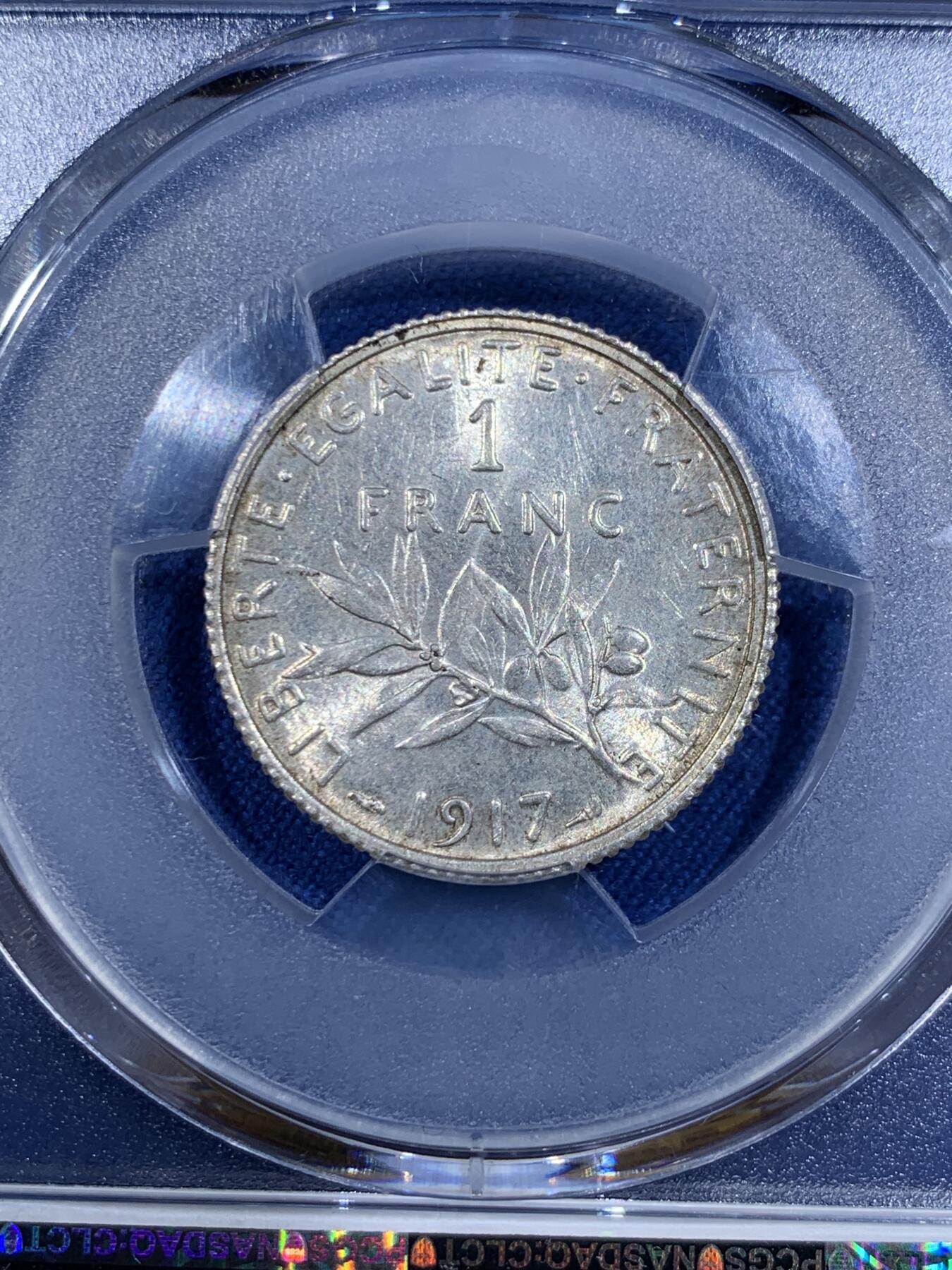《竞宝斋》第411场 周日，周一，周二，3场连拍 （全场包邮） PCGS MS63 法国1917年播种女神1法郎银币
