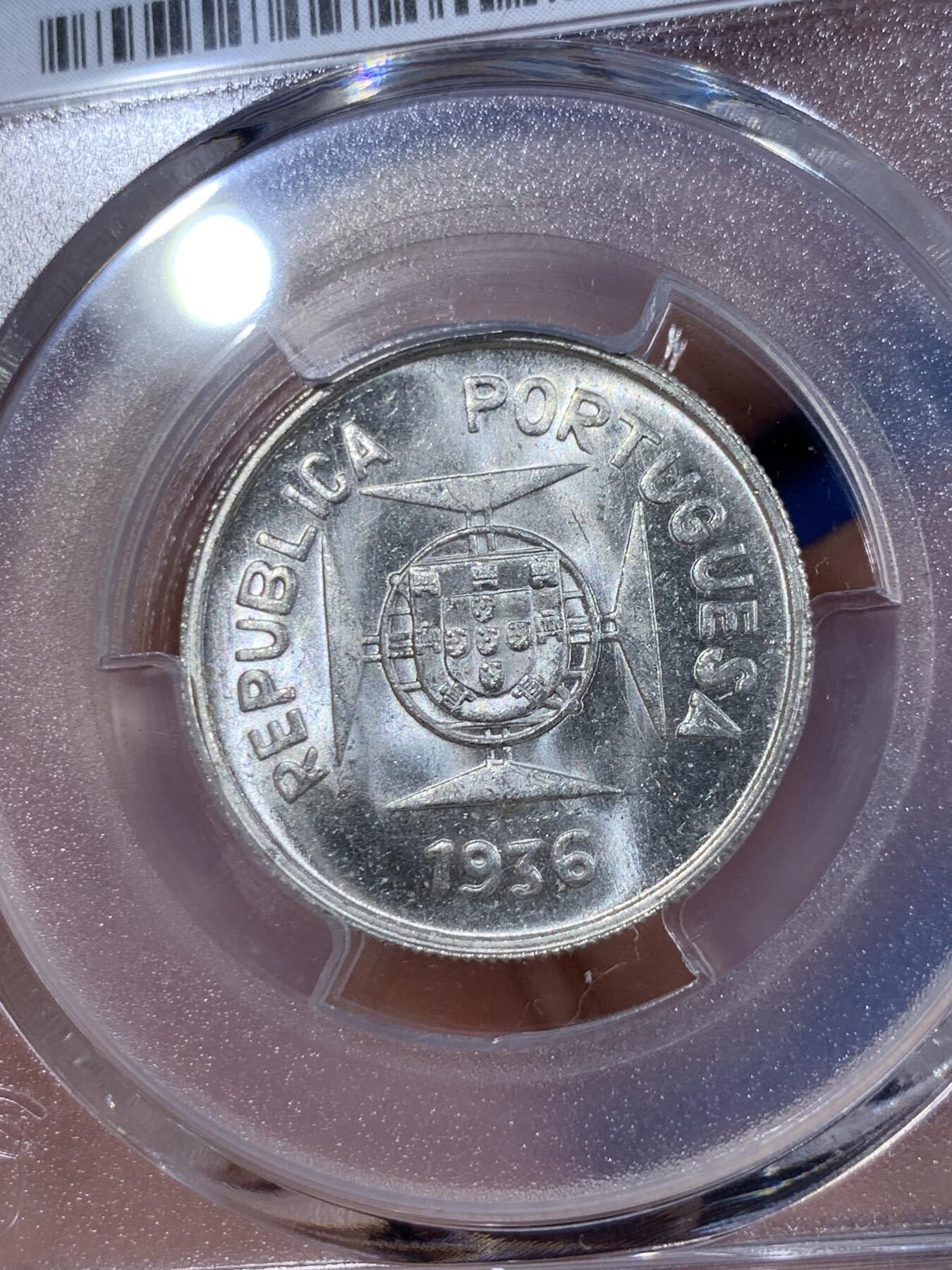 《竞宝斋》第411场 周日，周一，周二，3场连拍 （全场包邮） PCGS MS64 葡属印度1936年1/2卢比银币