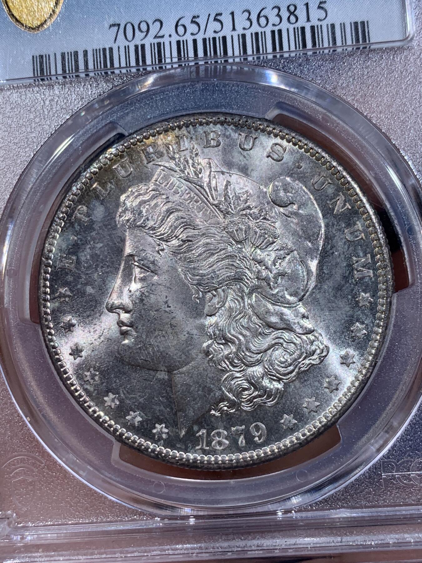 《竞宝斋》第411场 周日，周一，周二，3场连拍 （全场包邮） PCGS MS65 美国 1879年 1美元 摩根 银币 双面淡彩包浆 丝滑转光