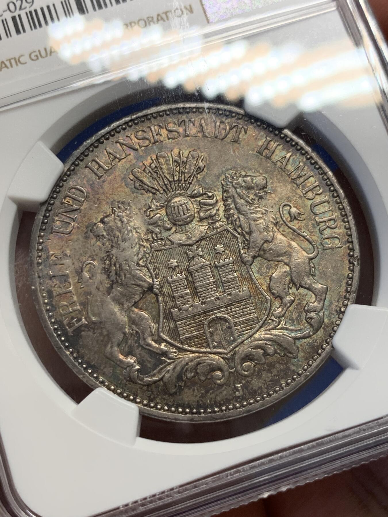《竞宝斋》第411场 周日，周一，周二，3场连拍 （全场包邮） NGC AU58 德国1913年双狮5马克银币，状态非常棒