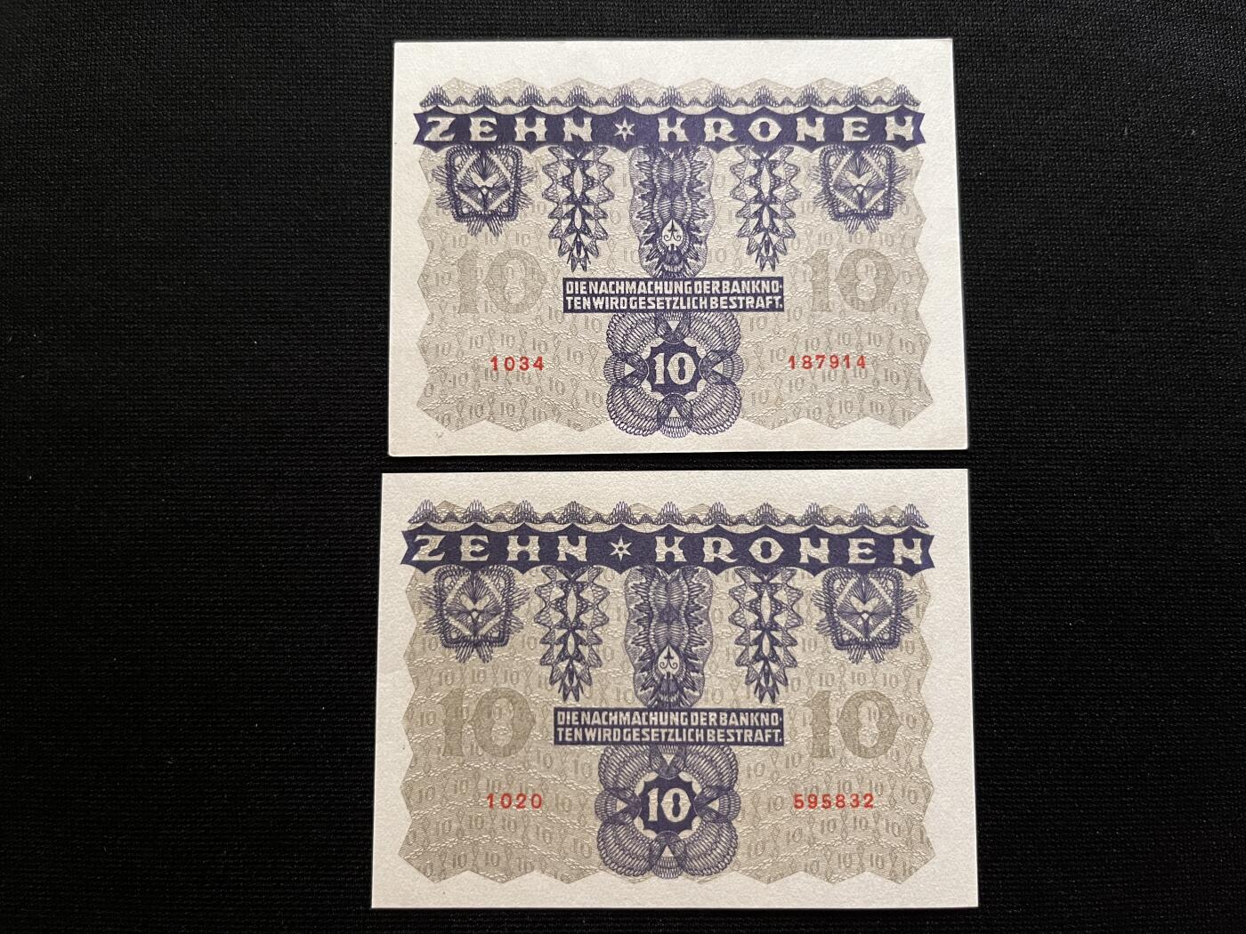 咖啡豆•收藏 2025年Aug_29th世界各国纸币拍卖 2枚 奥地利 1922年 10克朗 全新UNC 外国纸币