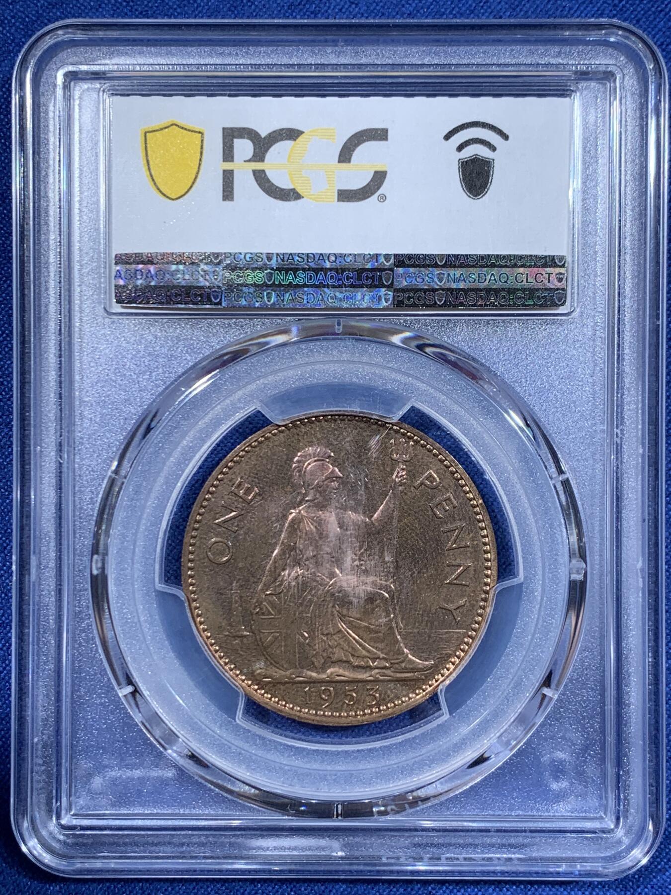 《竞宝斋》第411场 周日，周一，周二，3场连拍 （全场包邮） PCGS PR64RB 英国1953年女王登基1便士精铸大铜，年轻的伊丽莎白女王。凑套必备品种，外拍热门