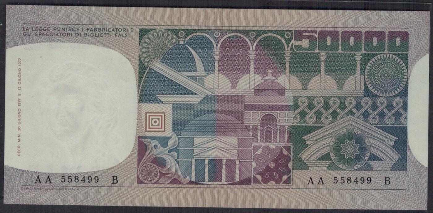 意大利1977年50000里拉 P-107a 99双尾 AA-B冠 实物图 UNC