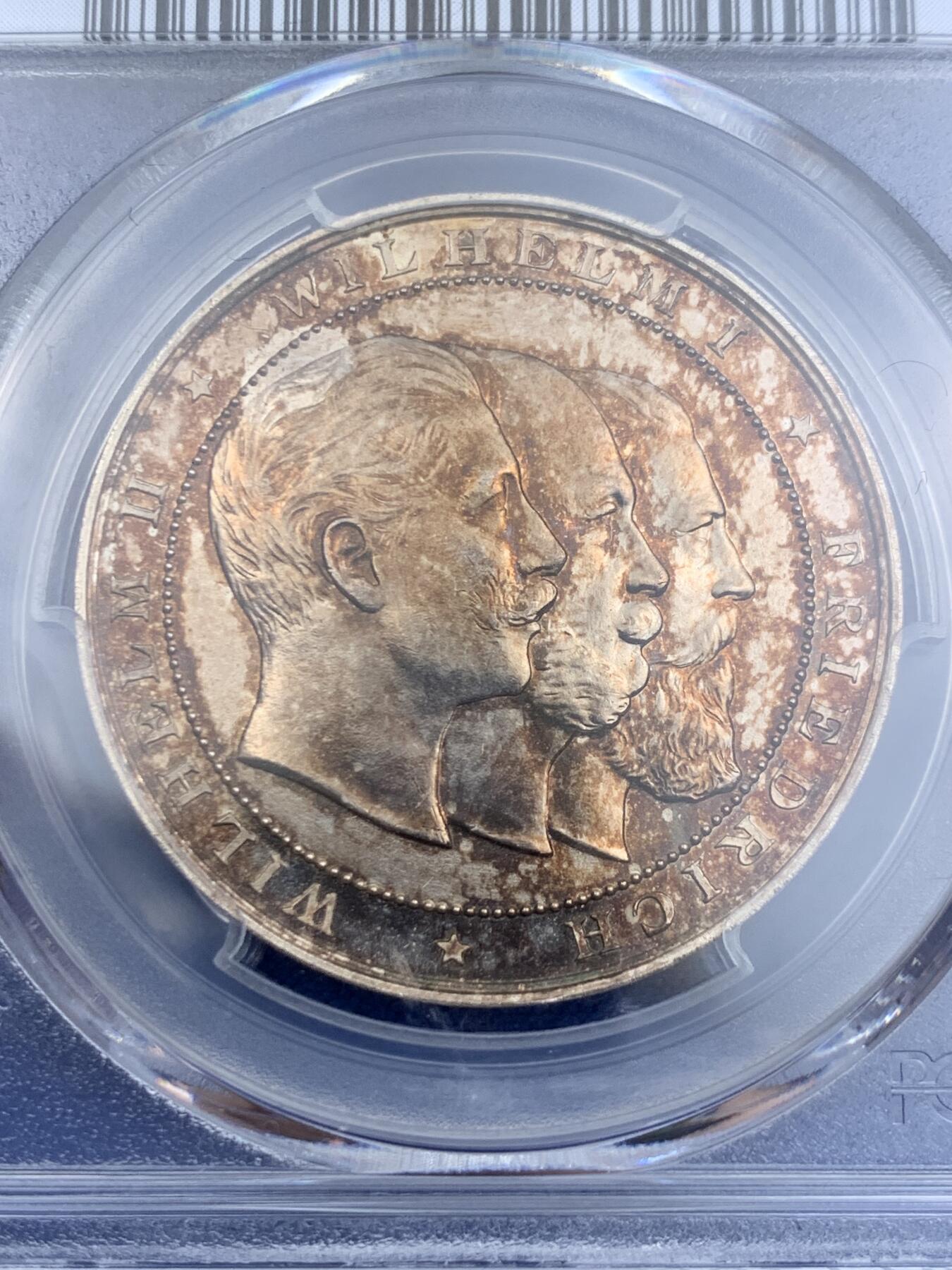 《竞宝斋》第411场 周日，周一，周二，3场连拍 （全场包邮） PCGS SP65 德国1895年普鲁士三皇银章，为庆祝普法胜利25周年纪念银章。冠军分