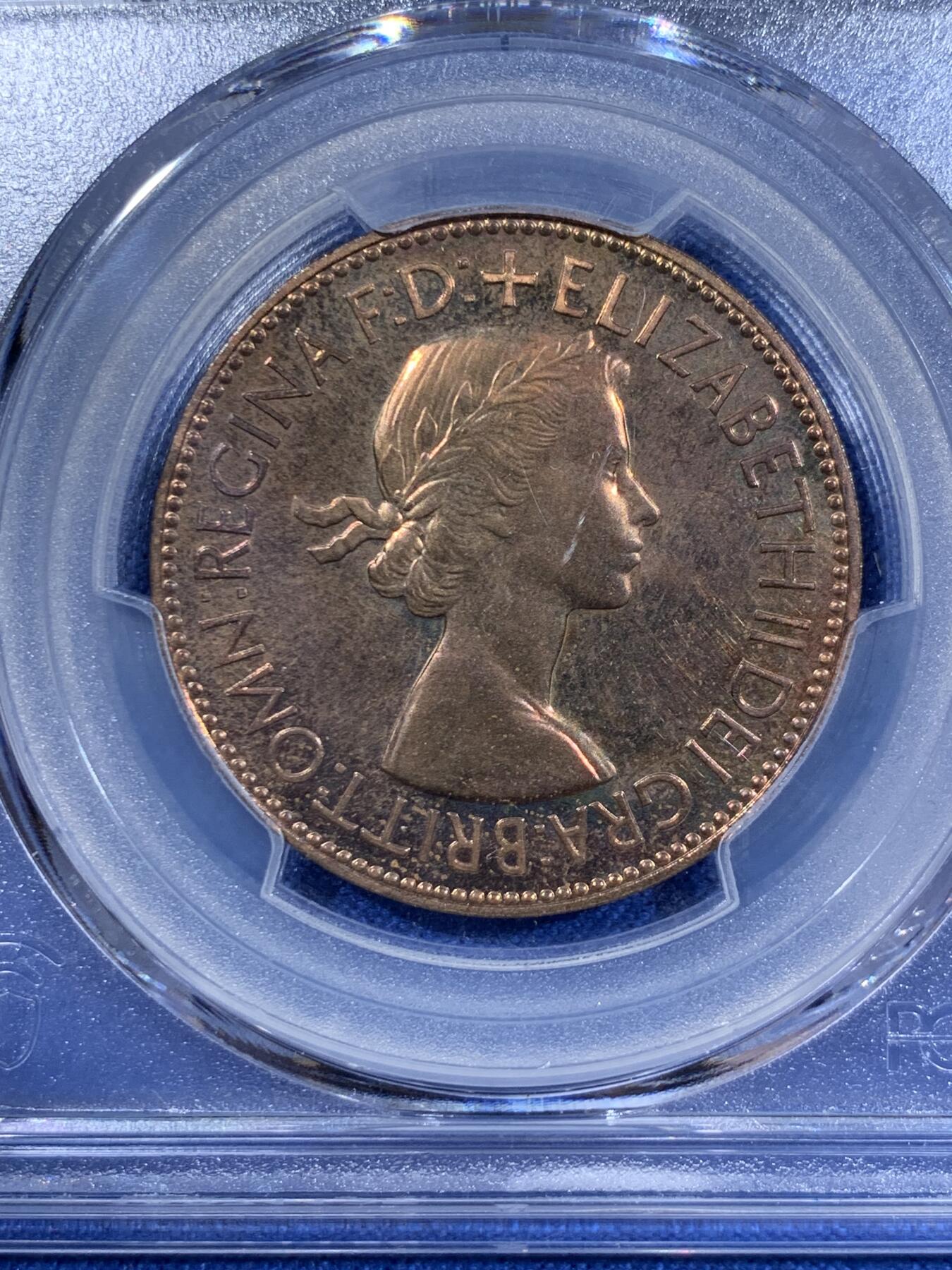 《竞宝斋》第411场 周日，周一，周二，3场连拍 （全场包邮） PCGS PR64RB 英国1953年女王登基1便士精铸大铜，年轻的伊丽莎白女王。凑套必备品种，外拍热门