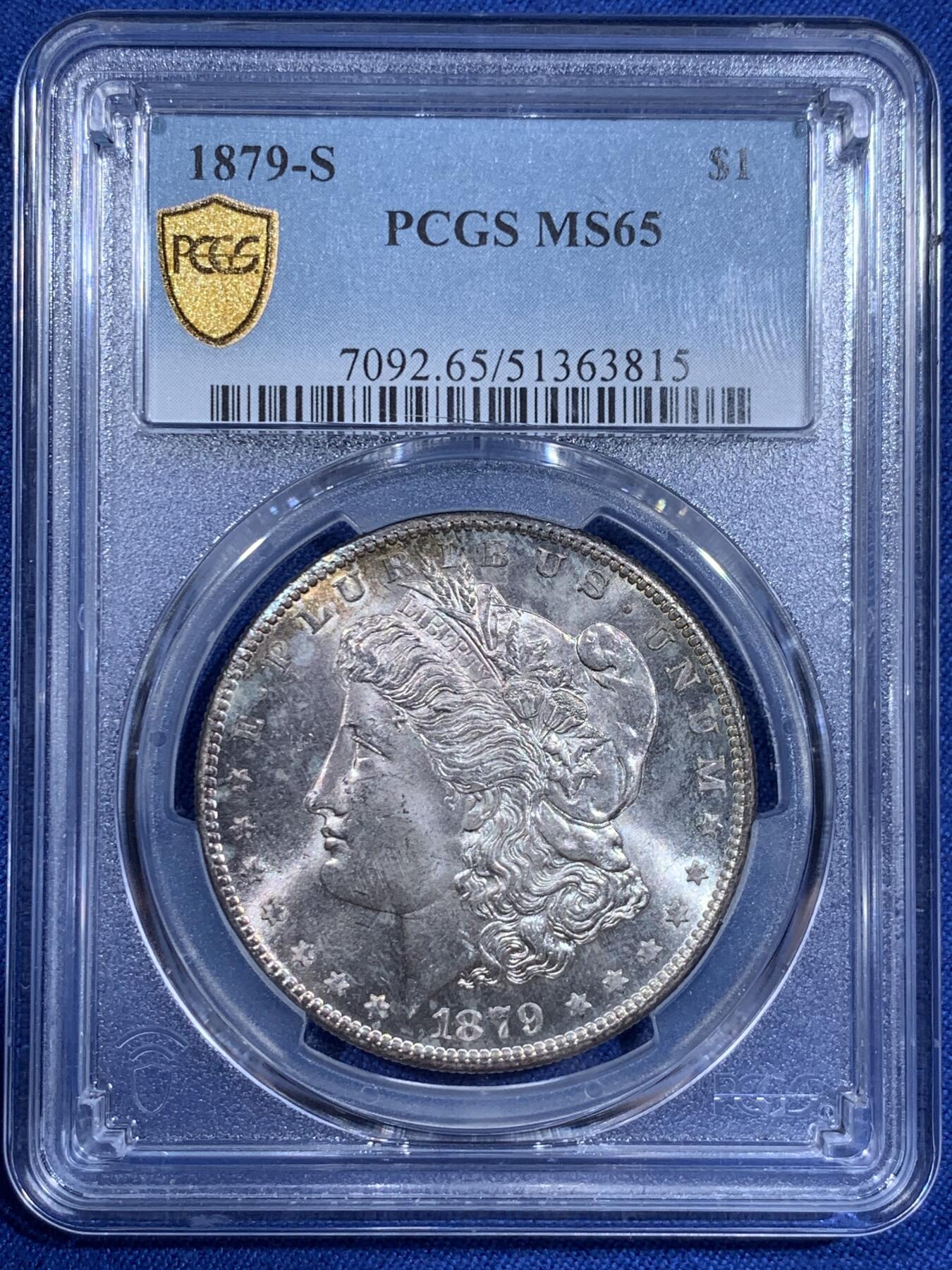 《竞宝斋》第411场 周日，周一，周二，3场连拍 （全场包邮） PCGS MS65 美国 1879年 1美元 摩根 银币 双面淡彩包浆 丝滑转光