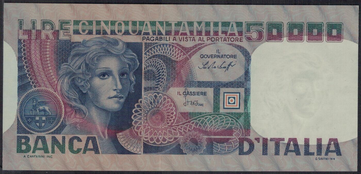 意大利1977年50000里拉 P-107a 99双尾 AA-B冠 实物图 UNC