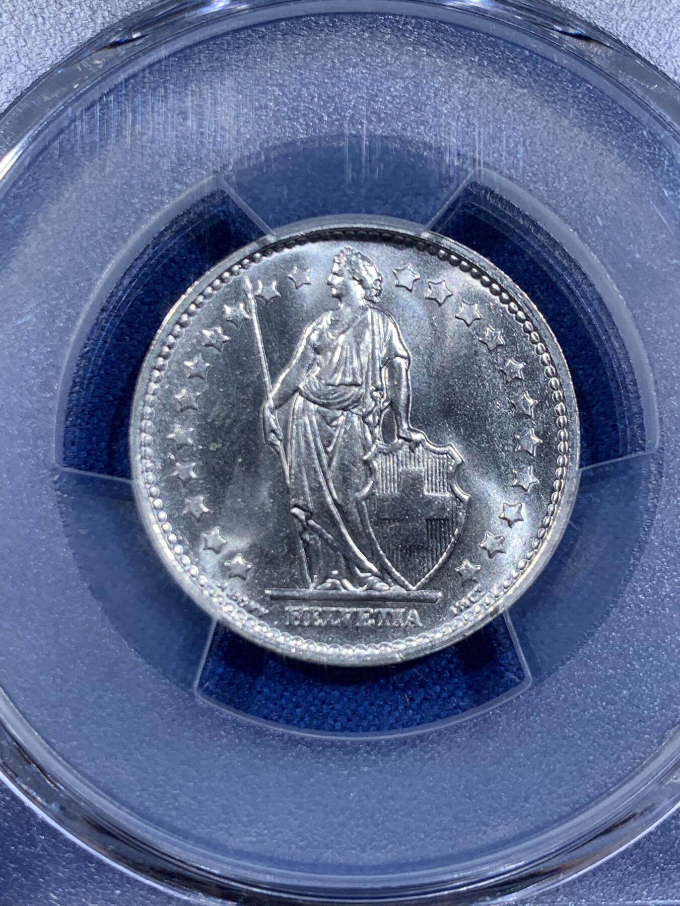 《竞宝斋》第411场 周日，周一，周二，3场连拍 （全场包邮） PCGS MS67 瑞士 1967年B版 1法郎银币 底板光洁 转光强烈 洁白无氧化 可自藏高分品相