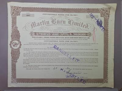 狮子猫股票债券纸品第一期 - 印度1913年马丁—伯恩有限公司500卢比 号码4067