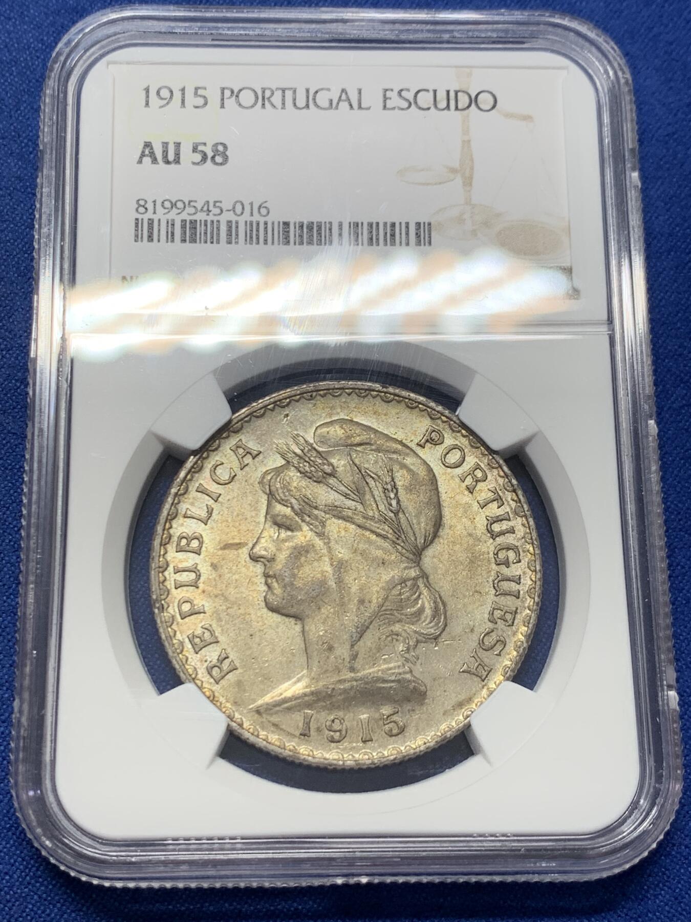 《竞宝斋》第411场 周日，周一，周二，3场连拍 （全场包邮） NGC AU58 葡萄牙 1915 大头女神 一埃斯库多大银币