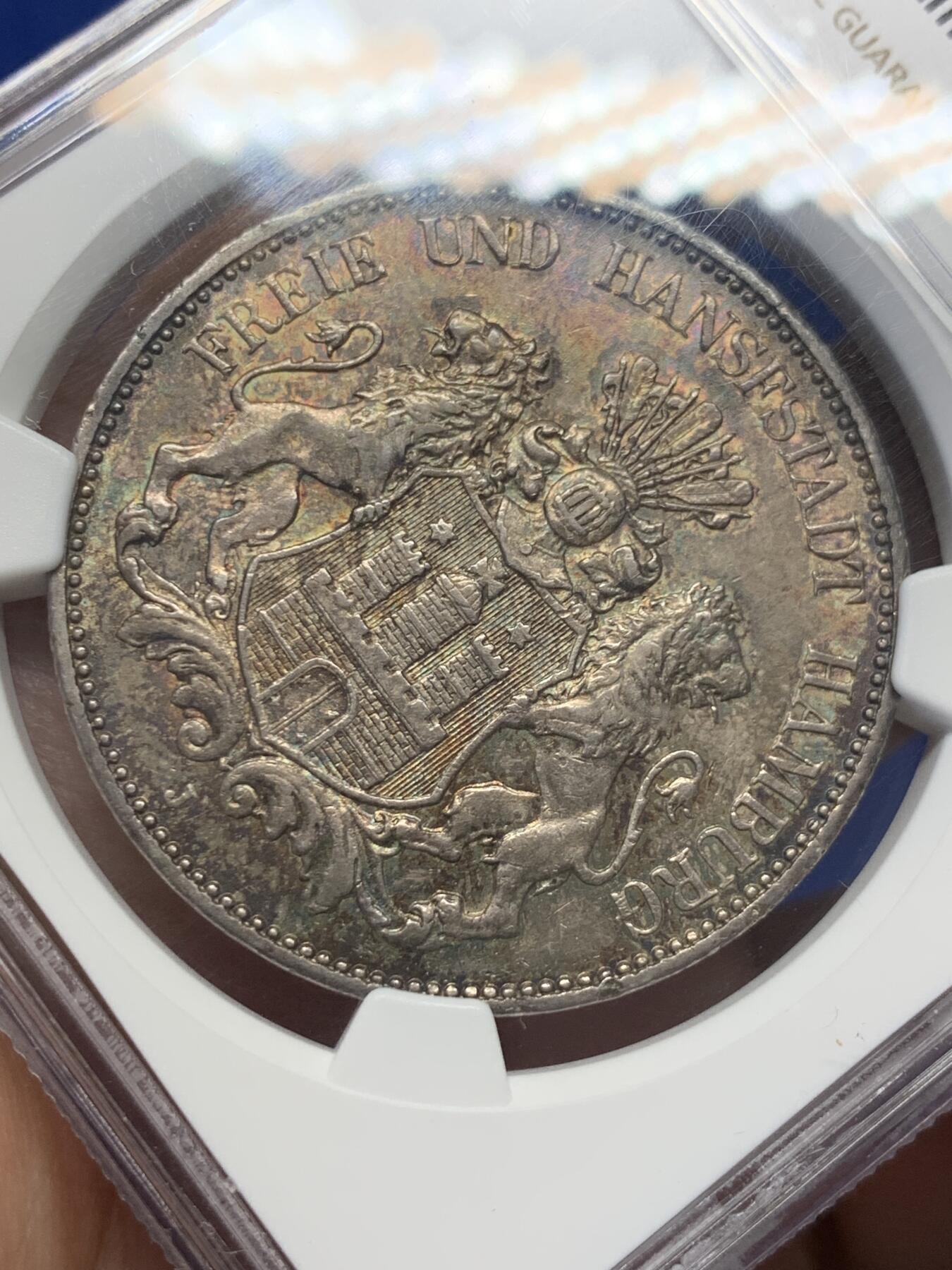 《竞宝斋》第411场 周日，周一，周二，3场连拍 （全场包邮） NGC AU58 德国1913年双狮5马克银币，状态非常棒