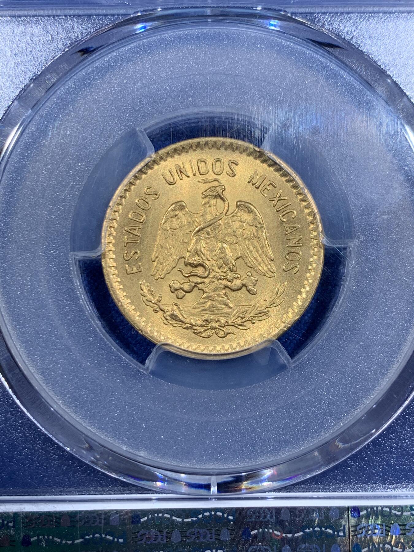 《竞宝斋》第411场 周日，周一，周二，3场连拍 （全场包邮） PCGS MS63 墨西哥1906年10比索金币 900金 重8.3克 原铸少见品种 背面支撑小磕 细节见图