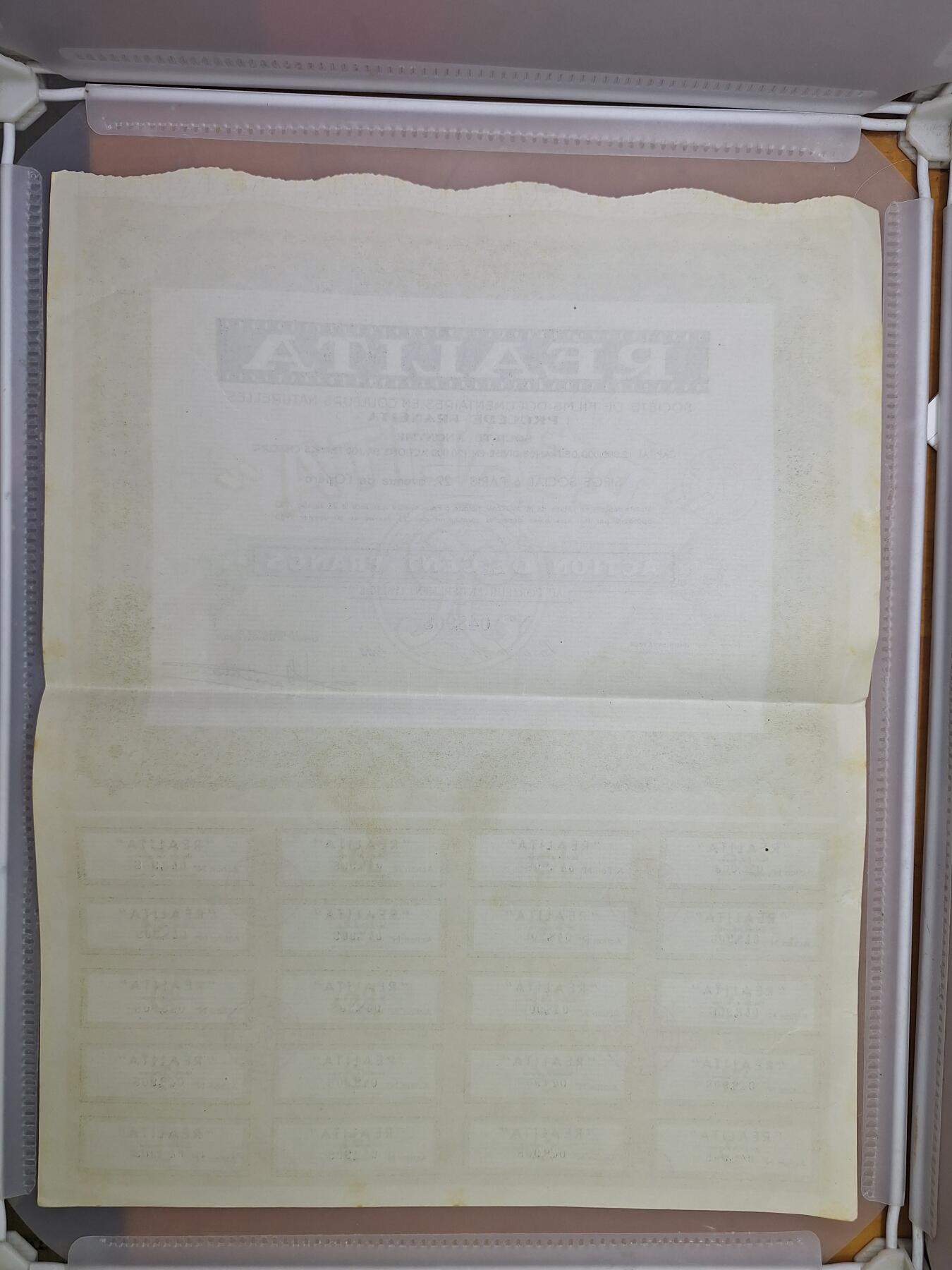 狮子猫股票债券纸品第一期 法国1933年弗朗西塔工艺自然记录片公司 股票号码48908