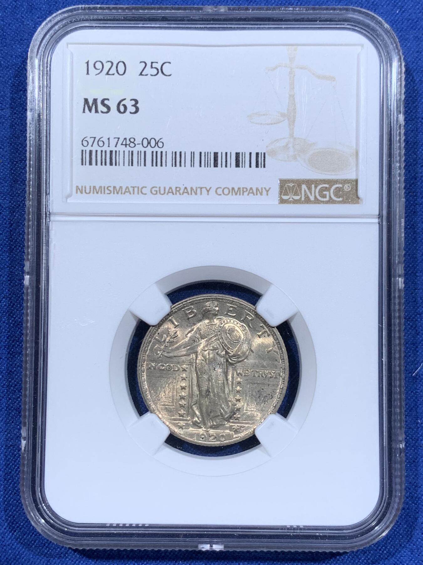 《竞宝斋》第411场 周日，周一，周二，3场连拍 （全场包邮） NGC MS63 美国 1920年 25美分 经典站姿女神设计 黄油包浆 美系玩家不可或缺的品种