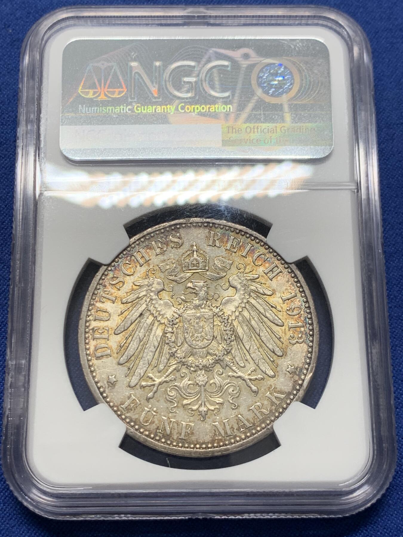 《竞宝斋》第411场 周日，周一，周二，3场连拍 （全场包邮） NGC AU58 德国1913年双狮5马克银币，状态非常棒
