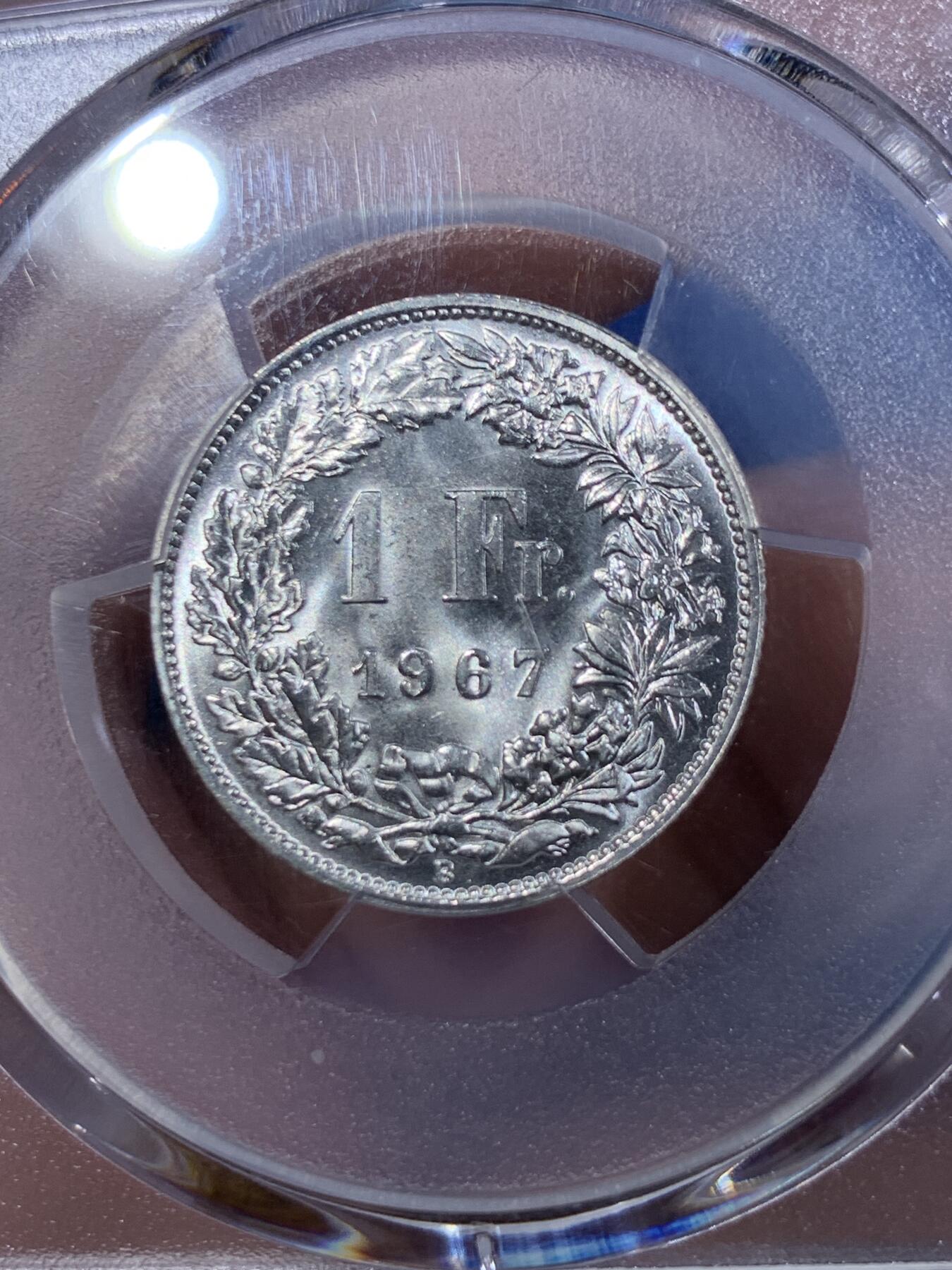 《竞宝斋》第411场 周日，周一，周二，3场连拍 （全场包邮） PCGS MS67 瑞士 1967年B版 1法郎银币 底板光洁 转光强烈 洁白无氧化 可自藏高分品相