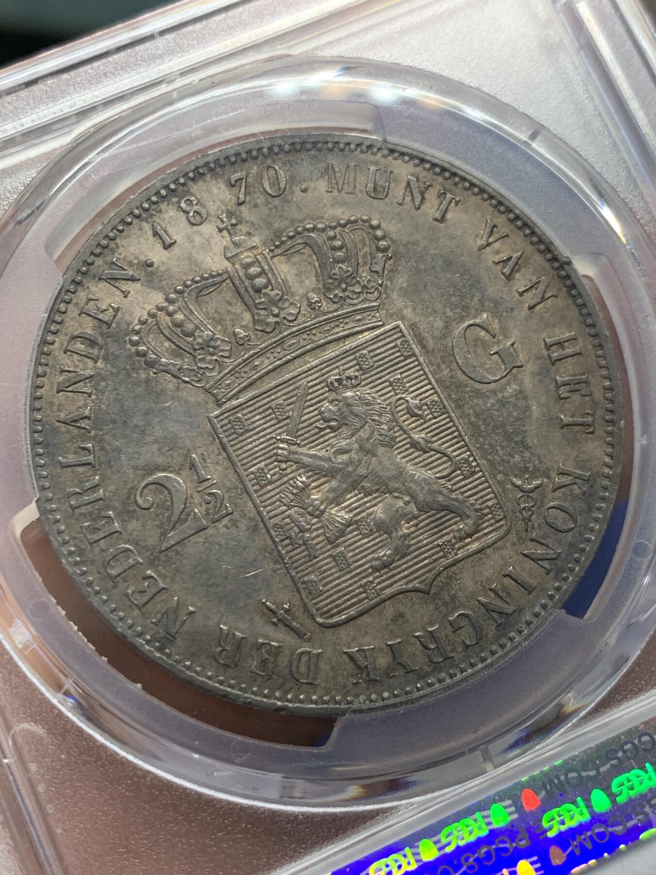 《竞宝斋》第411场 周日，周一，周二，3场连拍 （全场包邮） PCGS MS61 荷兰1870年威廉三世2.5盾大银币 同分相比较少 945超高含银量 上MS很难