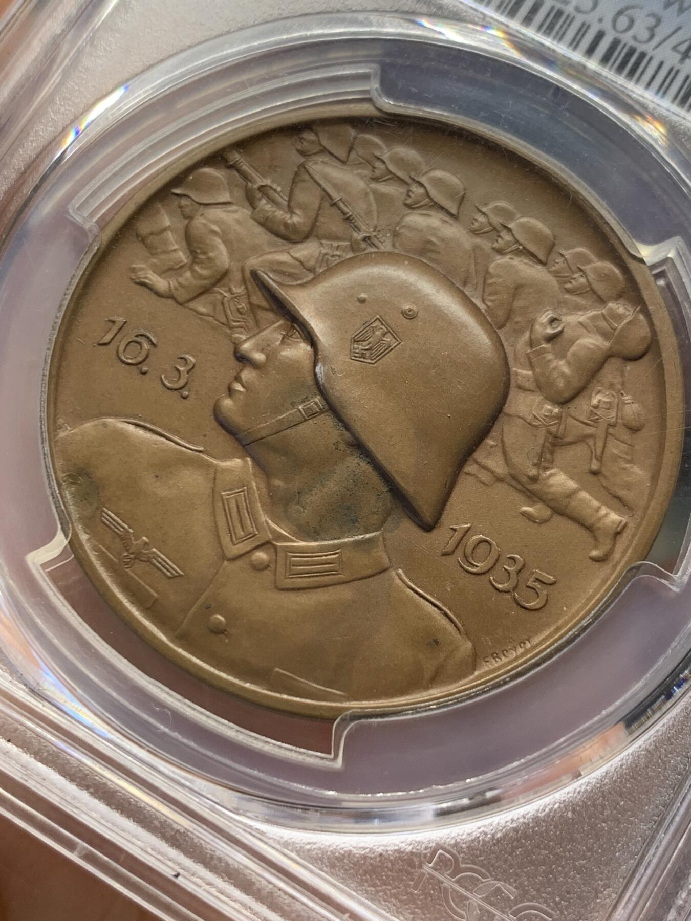 《竞宝斋》第411场 周日，周一，周二，3场连拍 （全场包邮） PCGS SP63 德国1935年元首全民总动员纪念铜章 设计层次感极强