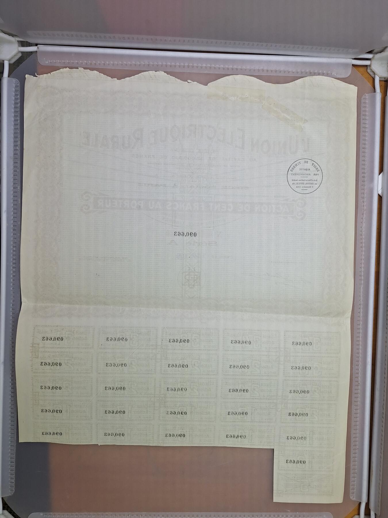 狮子猫股票债券纸品第一期 法国1929年农村电力联盟 股票号码90663