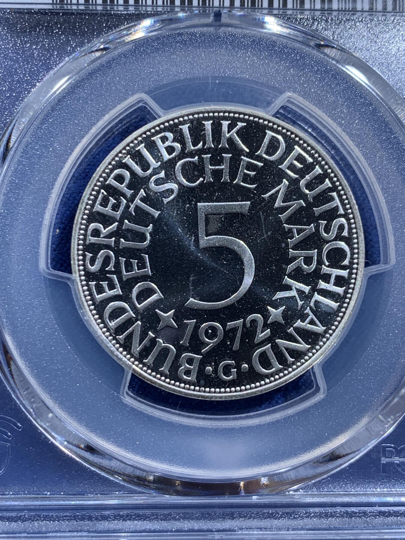 《竞宝斋》第411场 周日，周一，周二，3场连拍 （全场包邮） 亚军分 PCGS RP68DCAM 德国1972年F无毛鹰流通5马克精制银币 少见品种