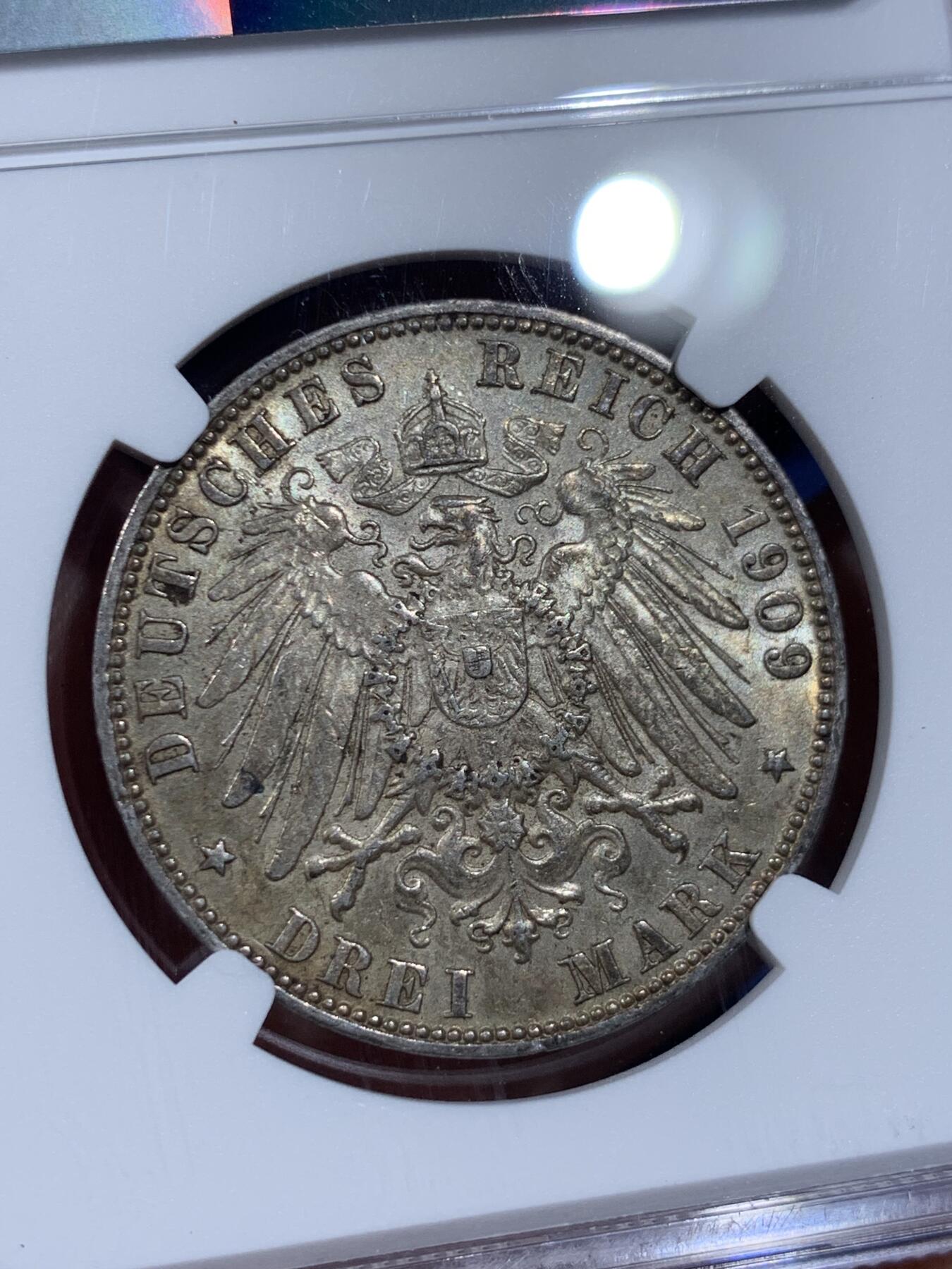 《竞宝斋》第411场 周日，周一，周二，3场连拍 （全场包邮） NGC MS63 德国1909年汉堡双师3马克银币 细节光感不错