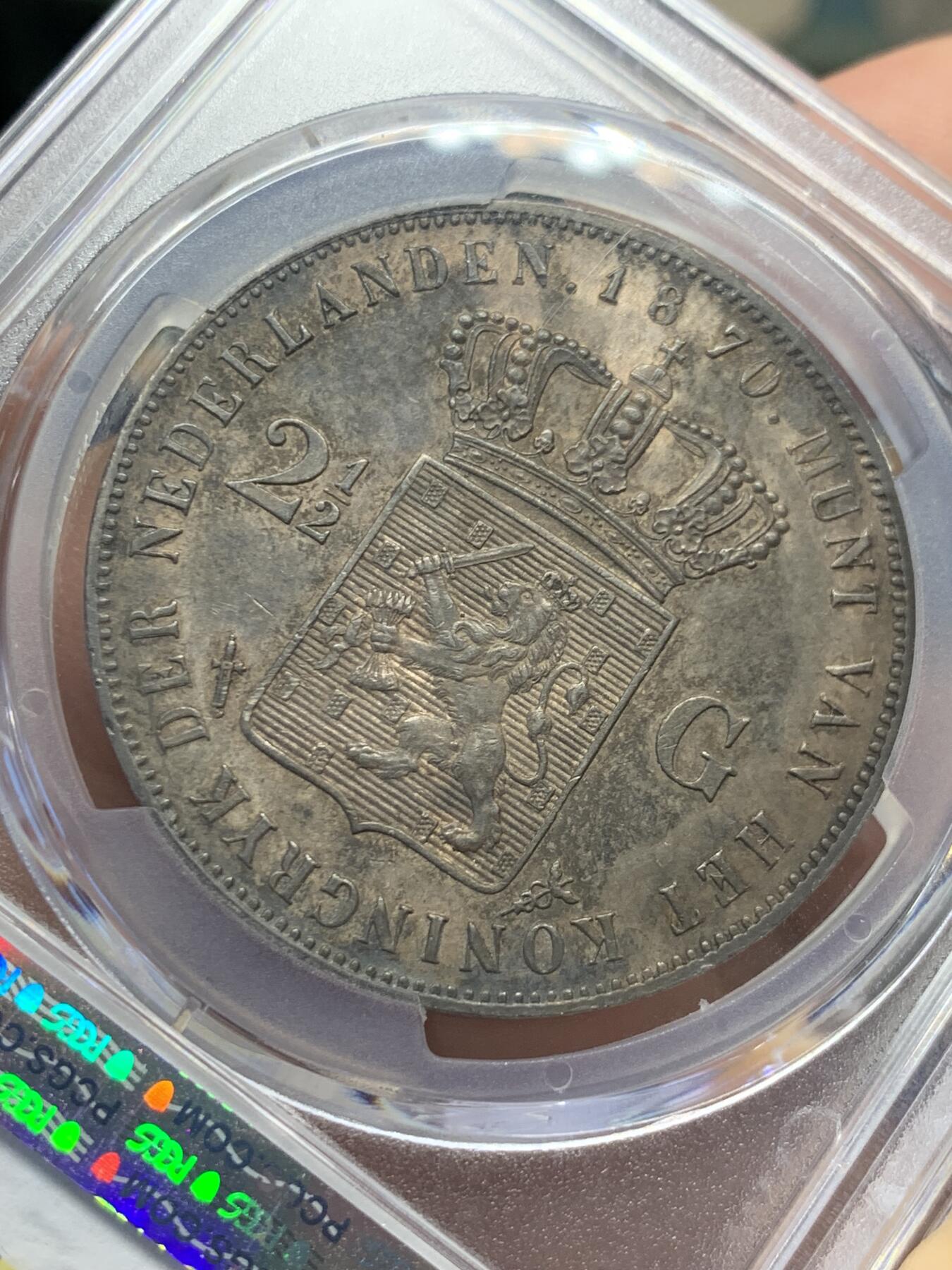 《竞宝斋》第411场 周日，周一，周二，3场连拍 （全场包邮） PCGS MS61 荷兰1870年威廉三世2.5盾大银币 同分相比较少 945超高含银量 上MS很难