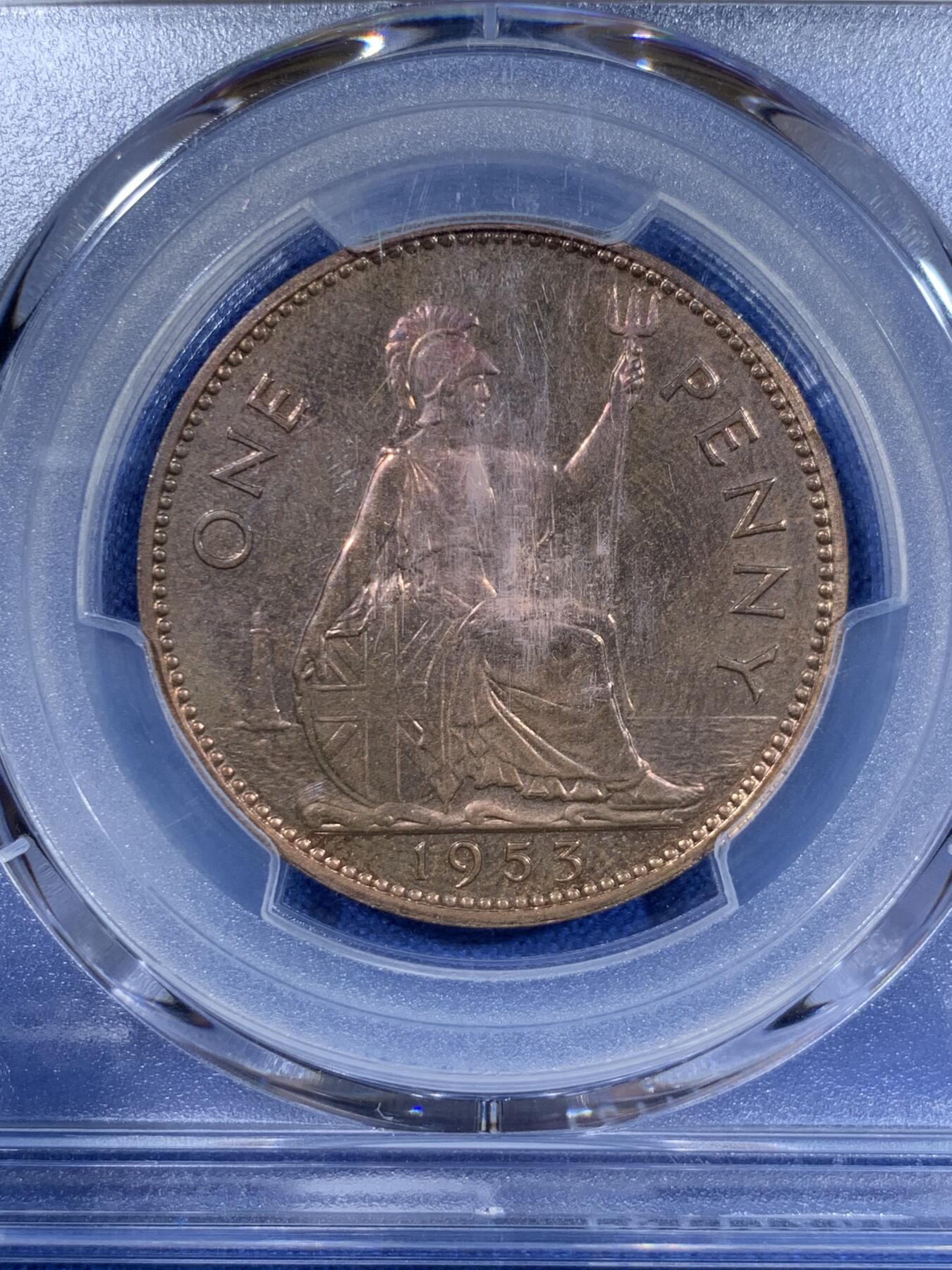 《竞宝斋》第411场 周日，周一，周二，3场连拍 （全场包邮） PCGS PR64RB 英国1953年女王登基1便士精铸大铜，年轻的伊丽莎白女王。凑套必备品种，外拍热门