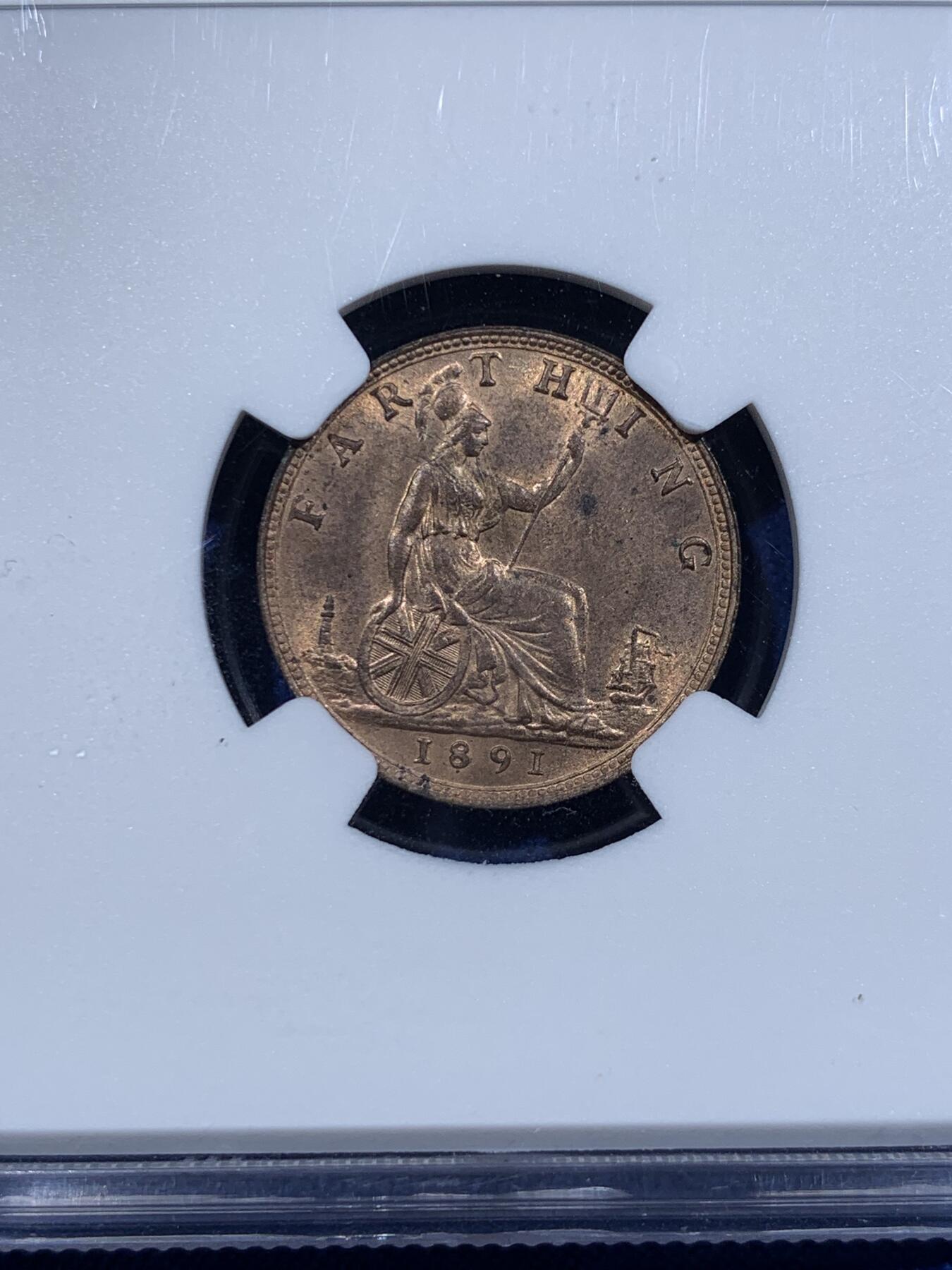 《竞宝斋》第411场 周日，周一，周二，3场连拍 （全场包邮） NGC MS64RB 英国 1891年 维多利亚1法新(1/4便士)铜币 铜光犹在 少见高分 同品类NGC更高评分仅3枚