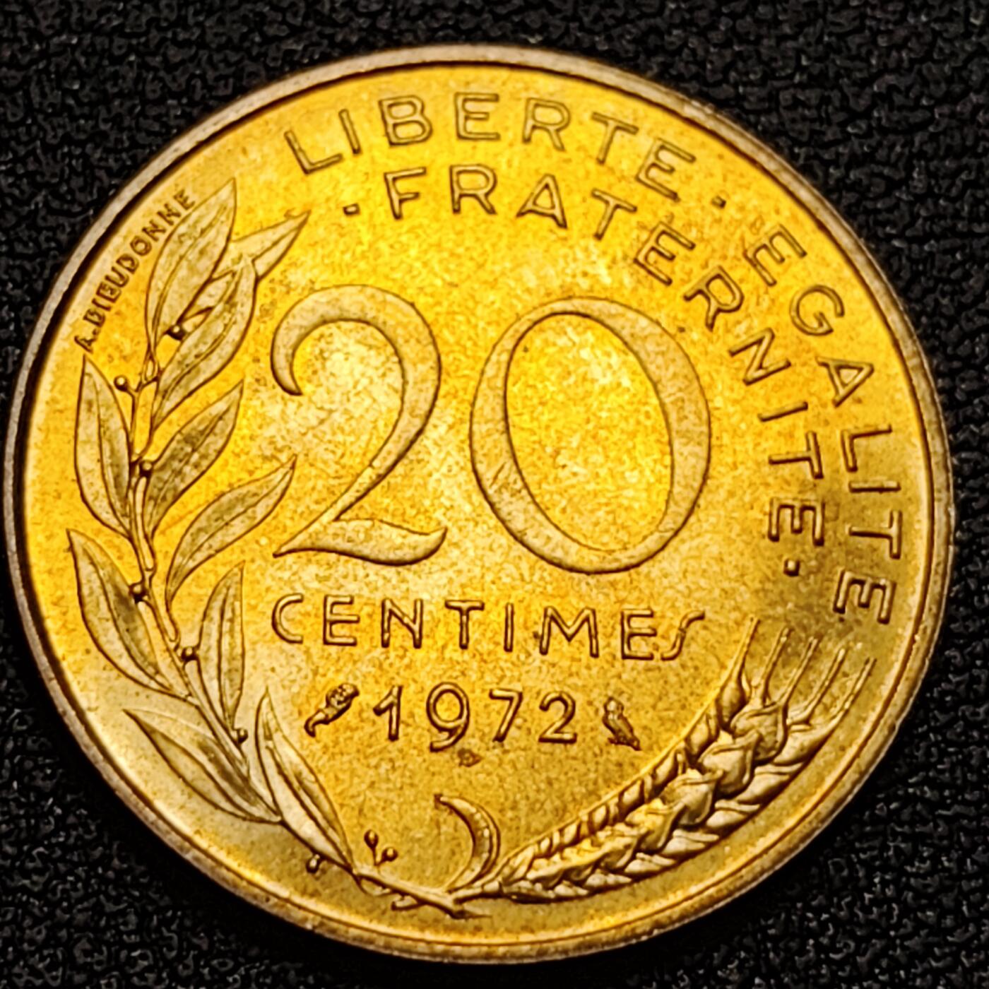 泉币菌-第93场-精品福利场（满包邮条件，下周一发货） 原铜光极美品 法国1972年20生丁铜币 玛丽安娜 入欧前末版 绝版