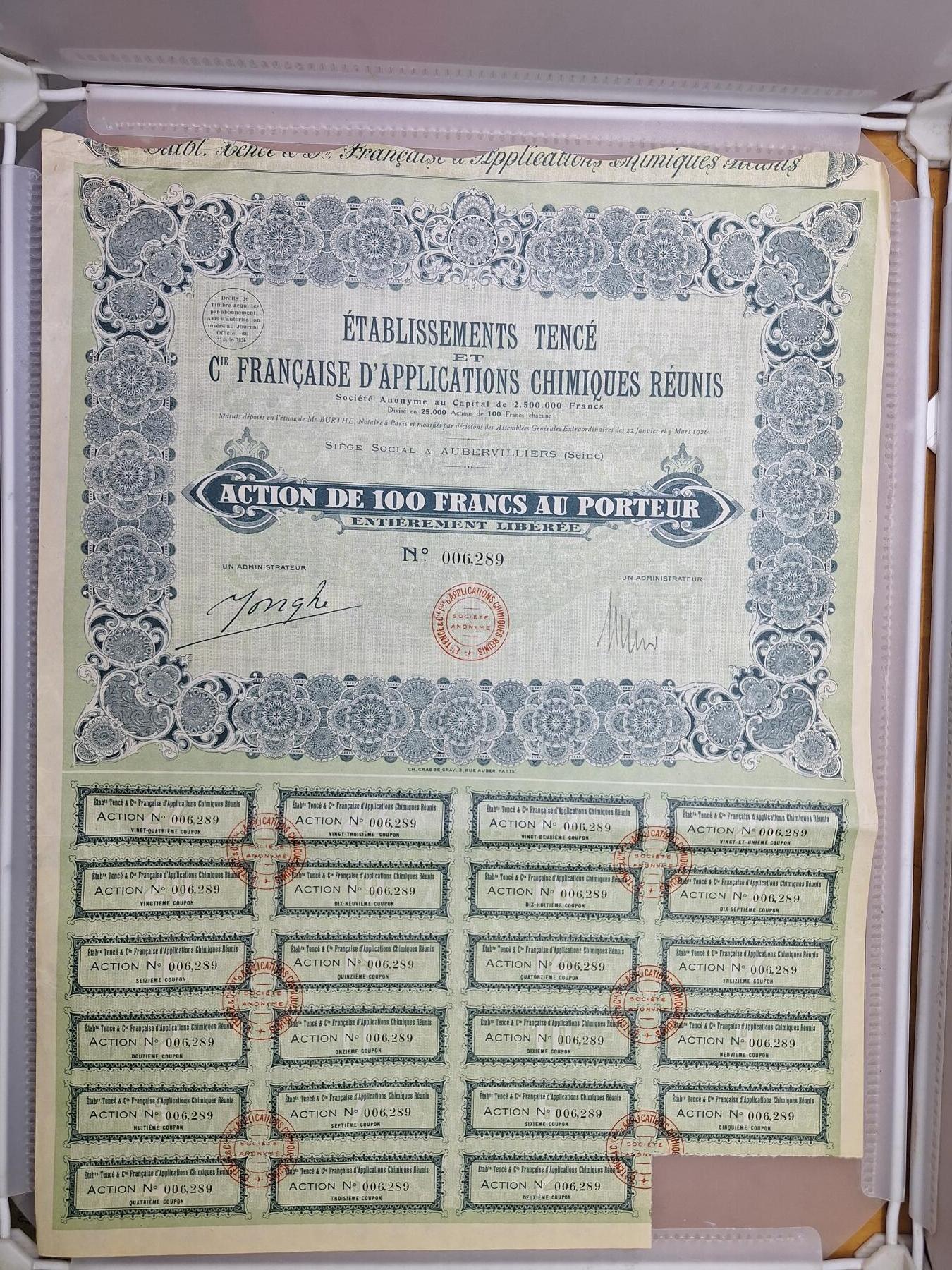 狮子猫股票债券纸品第一期 法国1926年坦斯化学应用机构 股票号码6289