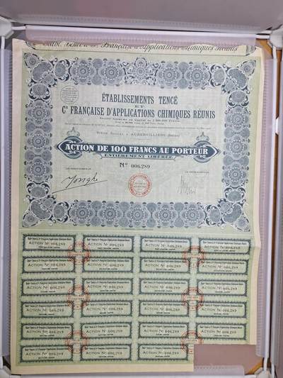 狮子猫股票债券纸品第一期 - 法国1926年坦斯化学应用机构 股票号码6289