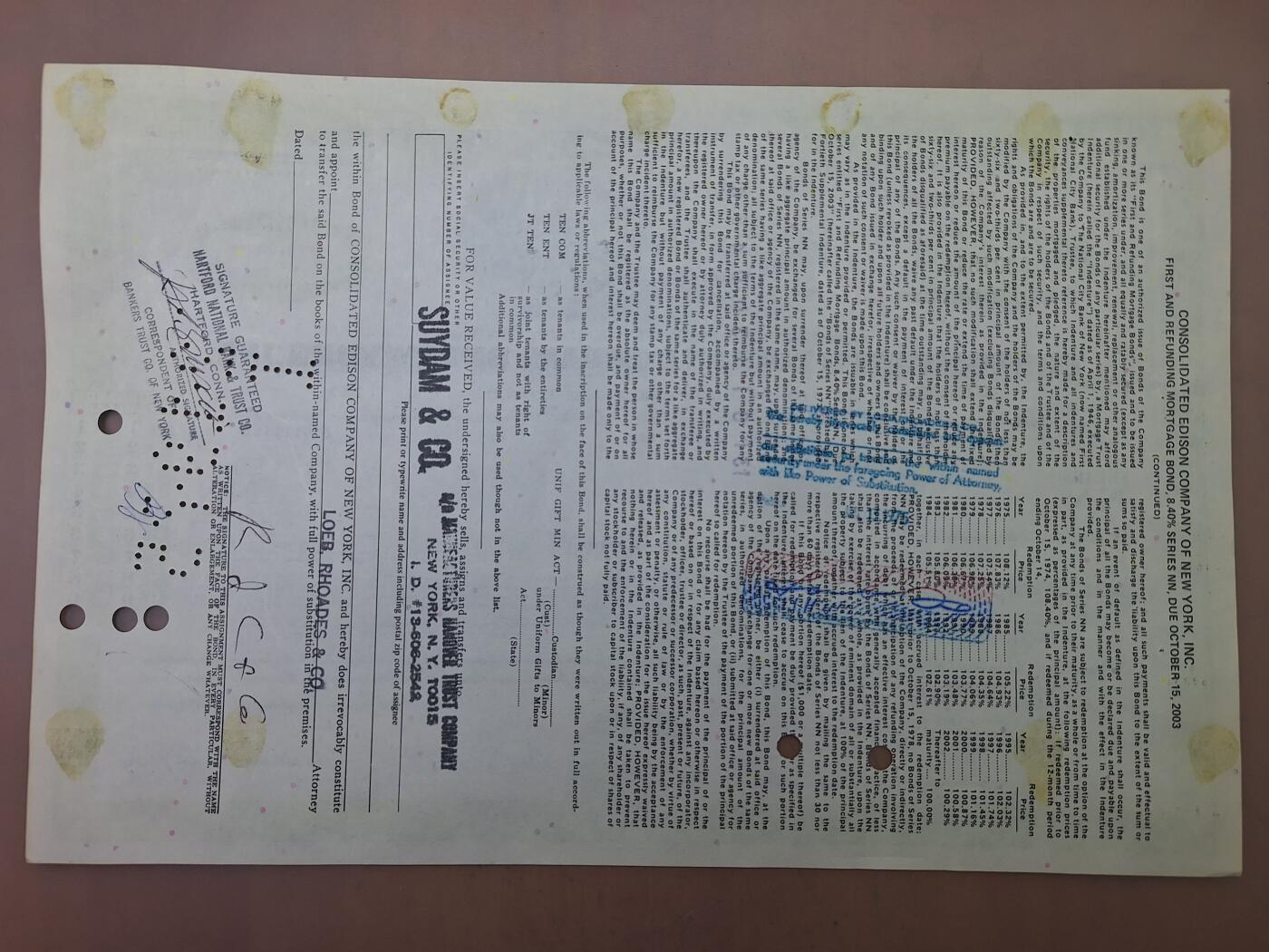 狮子猫股票债券纸品第一期 美国1974年爱迪生联合电气公司 股票号码31544