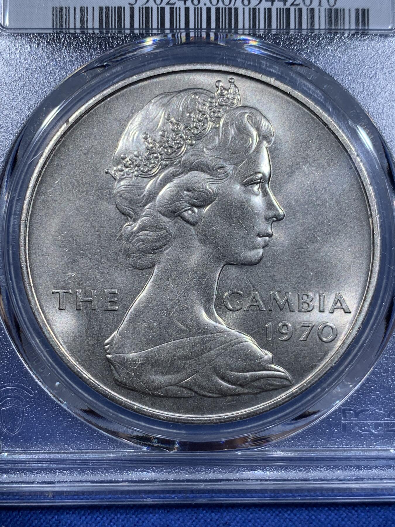 《竞宝斋》第411场 周日，周一，周二，3场连拍 （全场包邮） PCGS MS66 冈比亚1970年河马大型动物克朗币，冈比亚最大面值
