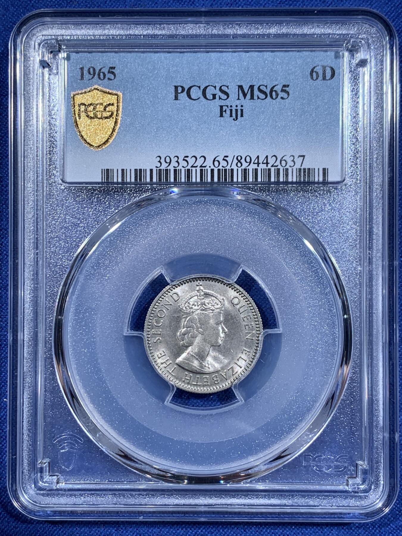 《竞宝斋》第411场 周日，周一，周二，3场连拍 （全场包邮） PCGS MS65 斐济1965年海龟6便士镍币