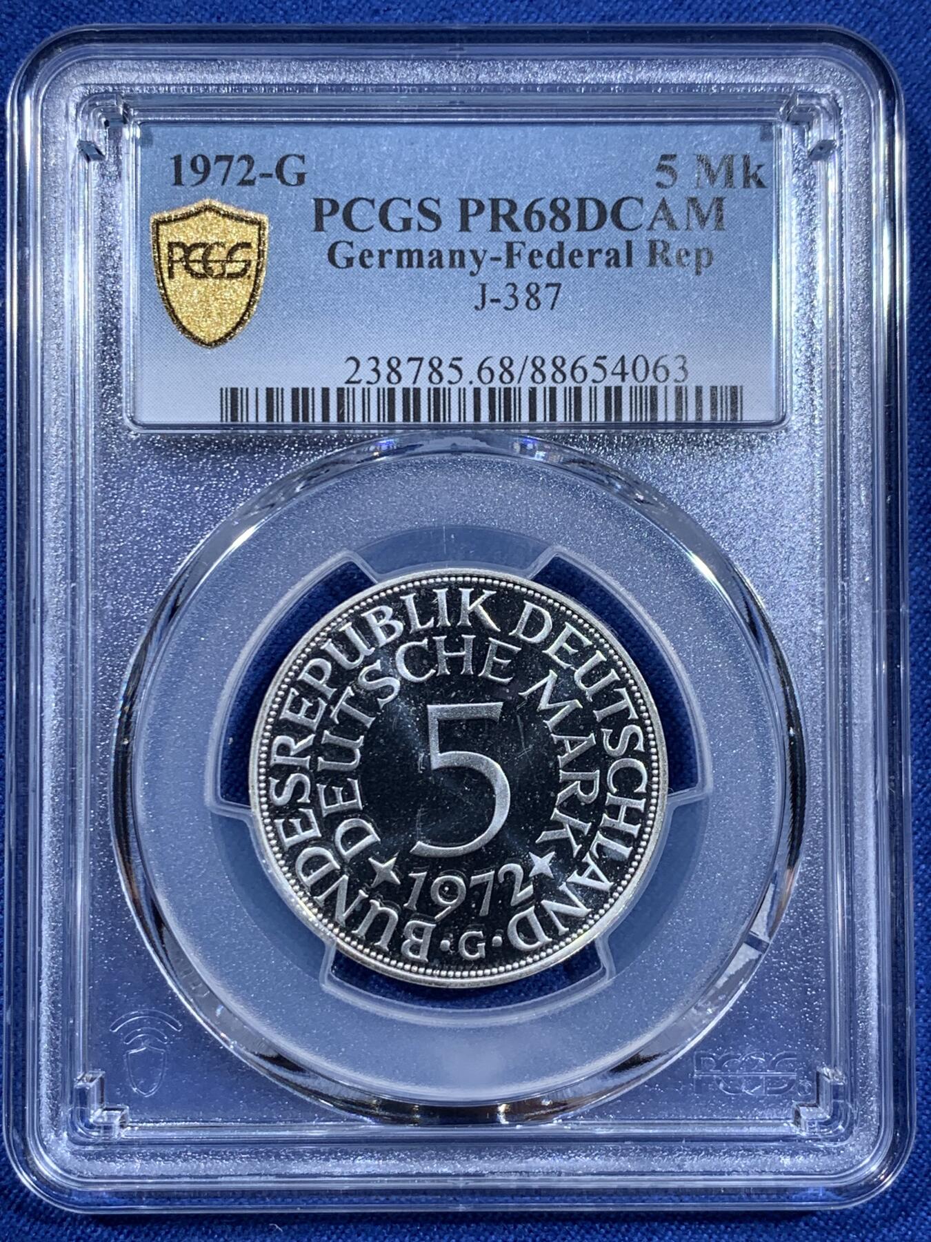 《竞宝斋》第411场 周日，周一，周二，3场连拍 （全场包邮） 亚军分 PCGS RP68DCAM 德国1972年F无毛鹰流通5马克精制银币 少见品种