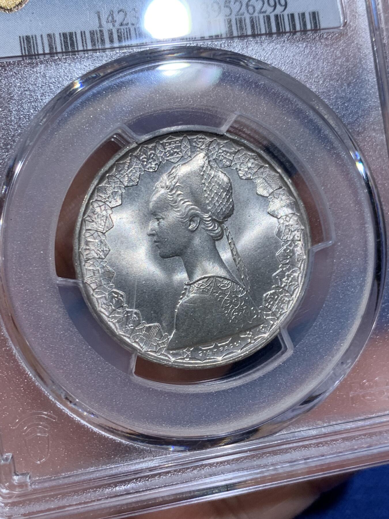 《竞宝斋》第411场 周日，周一，周二，3场连拍 （全场包邮） PCGS MS67 意大利500里拉银币 1970哥伦布文艺复兴少女 卷拆车轮光高分！