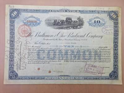 狮子猫股票债券纸品第一期 - 美国1905年巴利莫尔俄亥俄铁路公司 股票号码58876（蓝色）