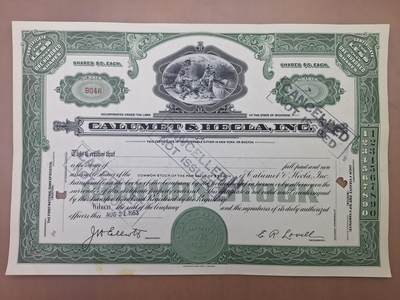 狮子猫股票债券纸品第一期 - 美国1953年卡鲁梅特&赫克拉公司 股票号码46（绿色）