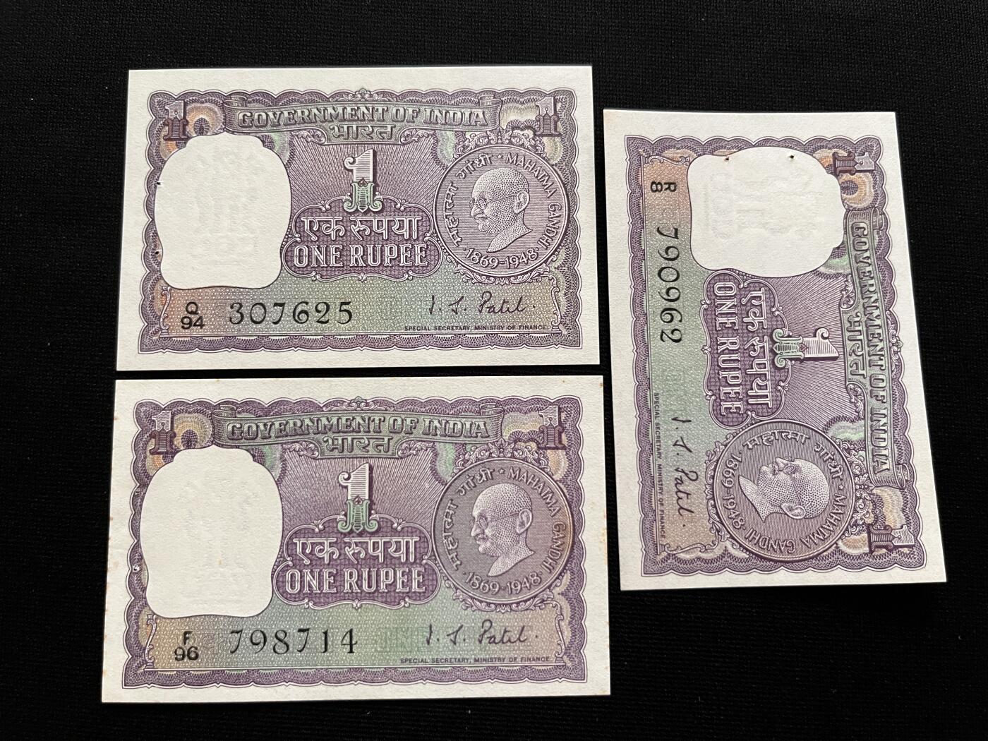 咖啡豆•收藏 2025年Aug_29th世界各国纸币拍卖 3枚 印度 1969年 1卢比 全新UNC 甘地诞辰纪念 外国纸币 有针孔