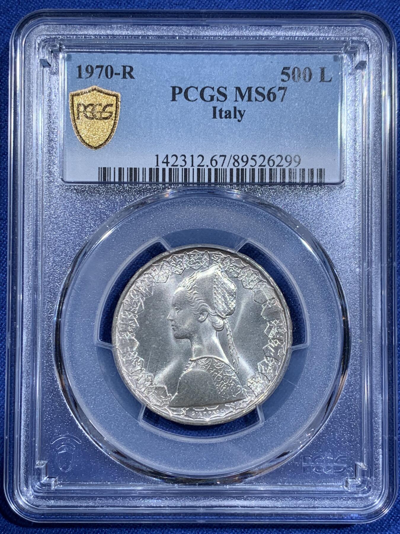 《竞宝斋》第411场 周日，周一，周二，3场连拍 （全场包邮） PCGS MS67 意大利500里拉银币 1970哥伦布文艺复兴少女 卷拆车轮光高分！