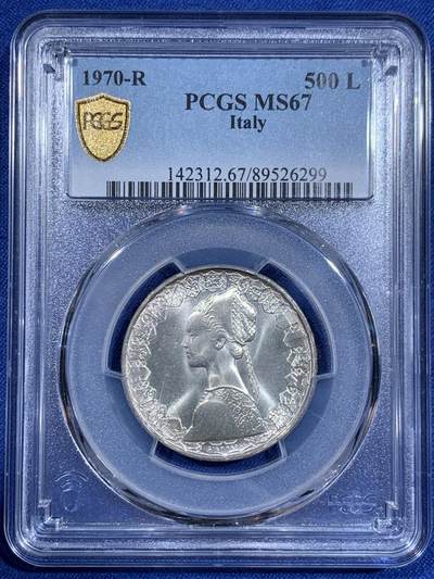 《竞宝斋》第411场 周日，周一，周二，3场连拍 （全场包邮） - PCGS MS67 意大利500里拉银币 1970哥伦布文艺复兴少女 卷拆车轮光高分！