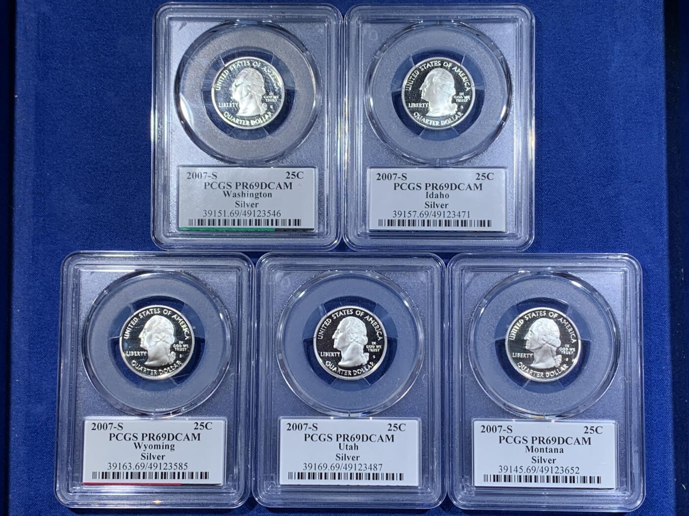 《竞宝斋》第411场 周日，周一，周二，3场连拍 （全场包邮） 5枚一组 PCGS PR69DCAM 美国2007年25美分精制银币 华盛顿/爱达荷/怀俄明/犹他/蒙大拿