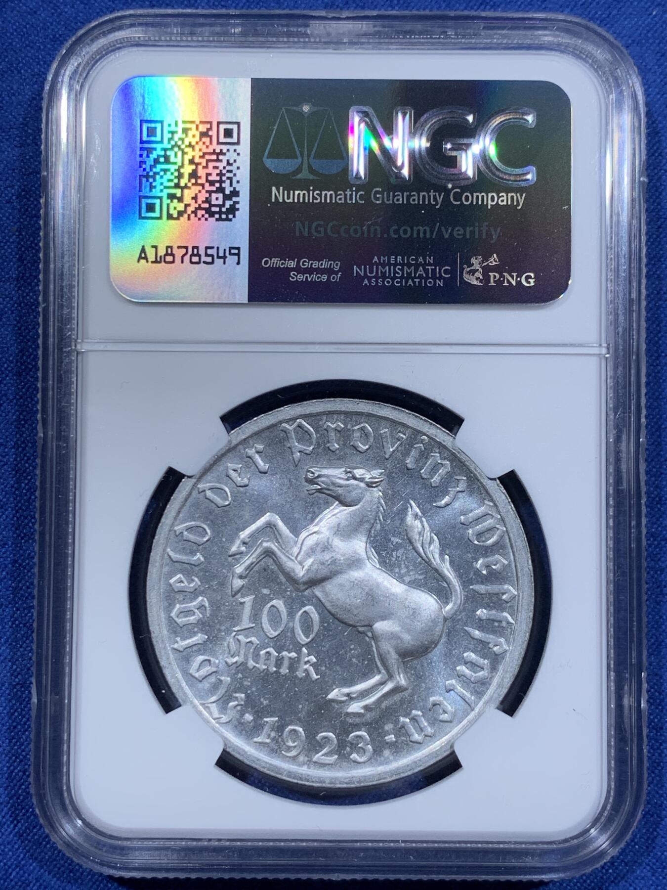 《竞宝斋》第411场 周日，周一，周二，3场连拍 （全场包邮） NGC MS64 德国1923年威斯特法伦100马克马币 热门品种 高浮雕 这枚保存得非常好 64对于铝币来说非常不容易了