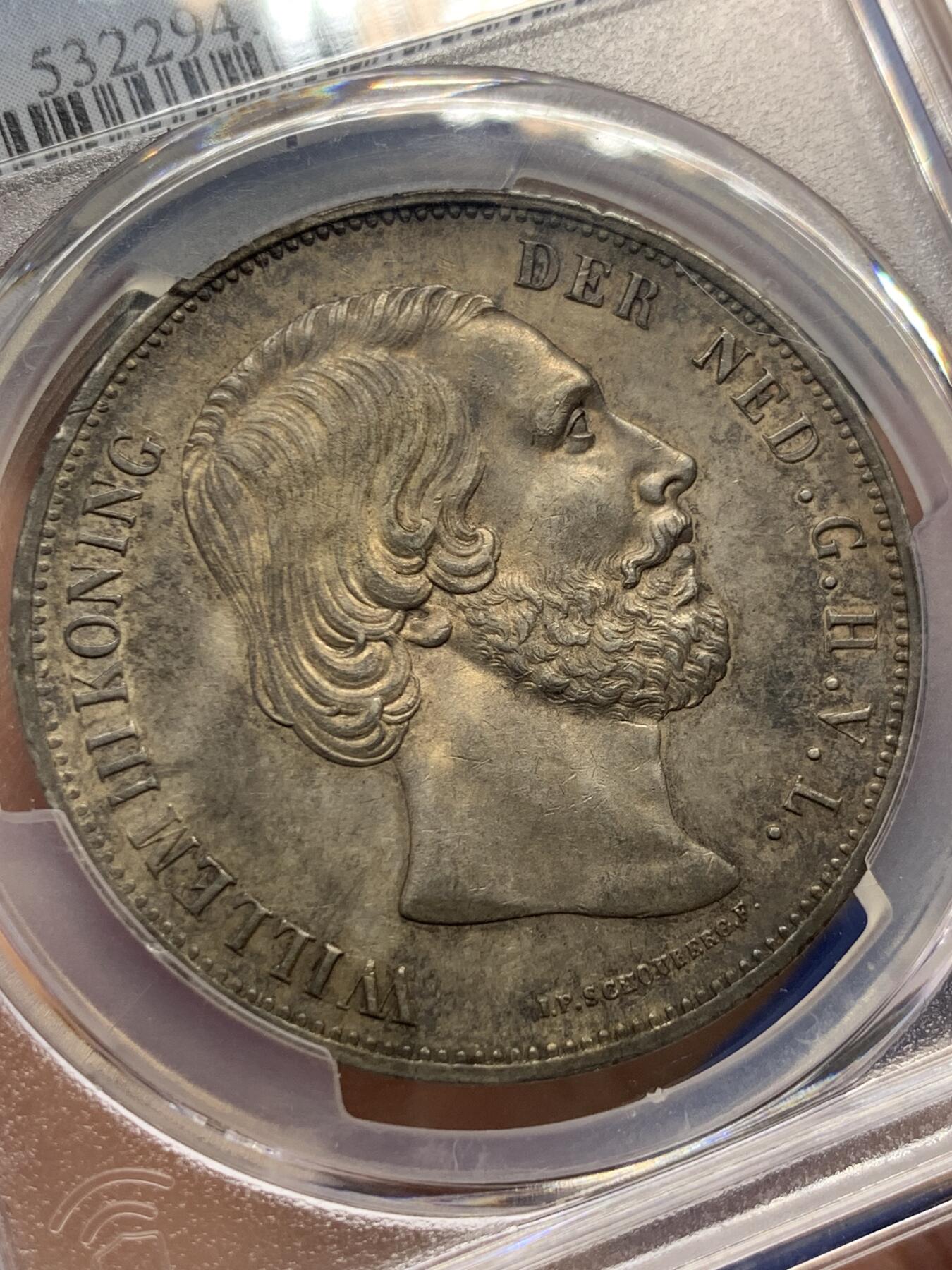 《竞宝斋》第411场 周日，周一，周二，3场连拍 （全场包邮） PCGS MS61 荷兰1870年威廉三世2.5盾大银币 同分相比较少 945超高含银量 上MS很难