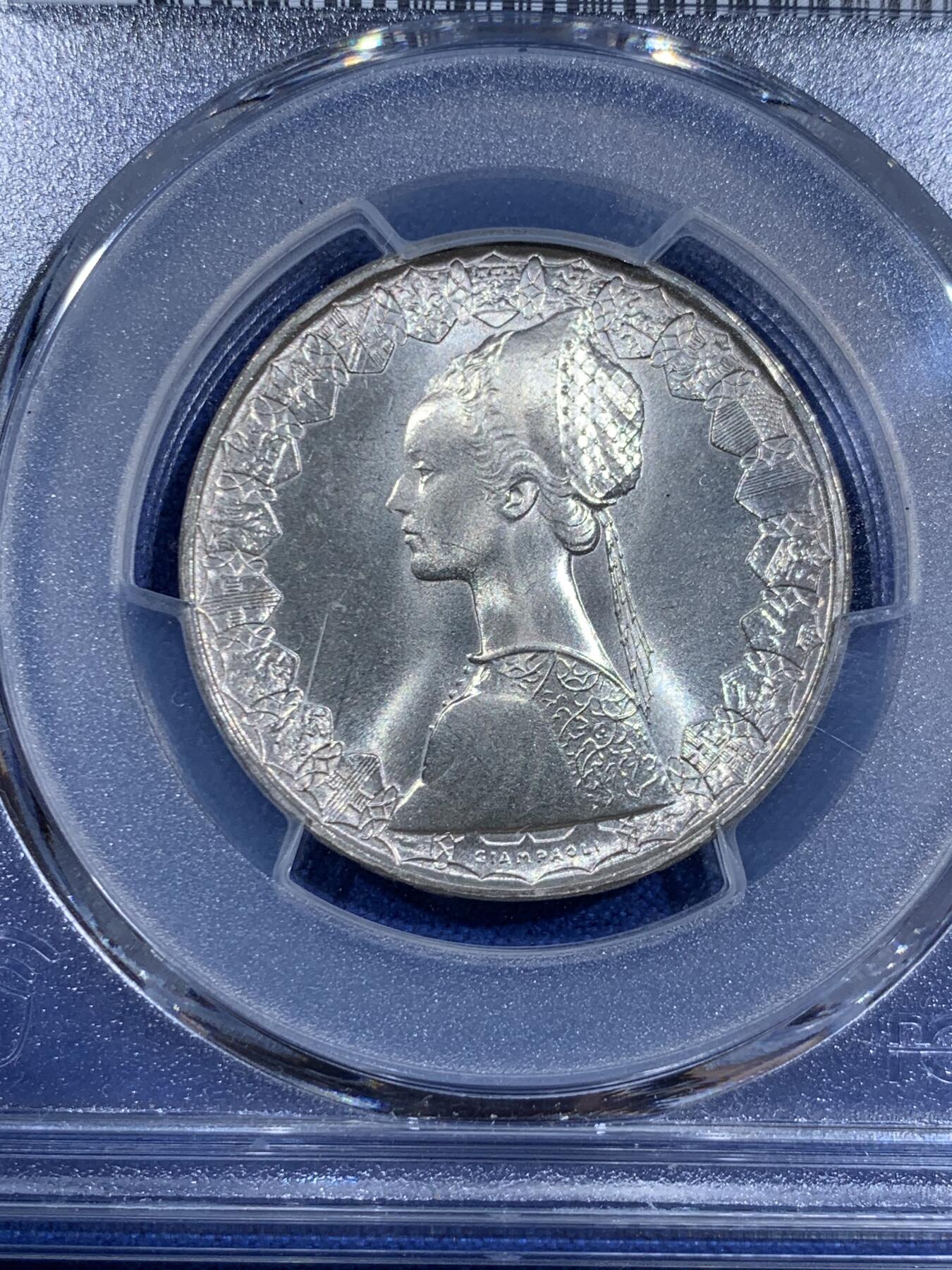 《竞宝斋》第411场 周日，周一，周二，3场连拍 （全场包邮） PCGS MS67 意大利500里拉银币 1970哥伦布文艺复兴少女 卷拆车轮光高分！