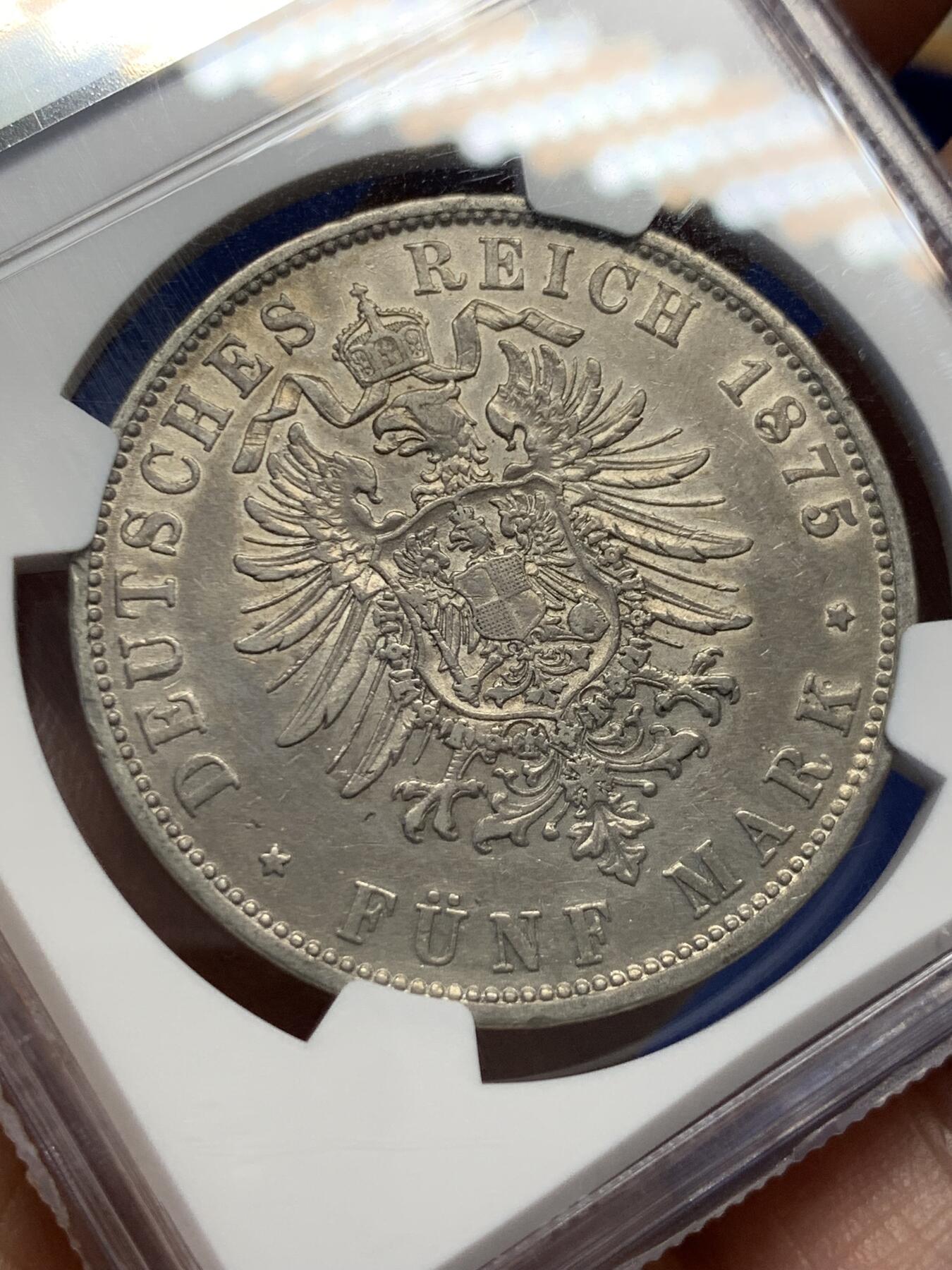 《竞宝斋》第411场 周日，周一，周二，3场连拍 （全场包邮） NGC AU 德国 巴伐利亚 1875D 路德维希二世 5马克银币