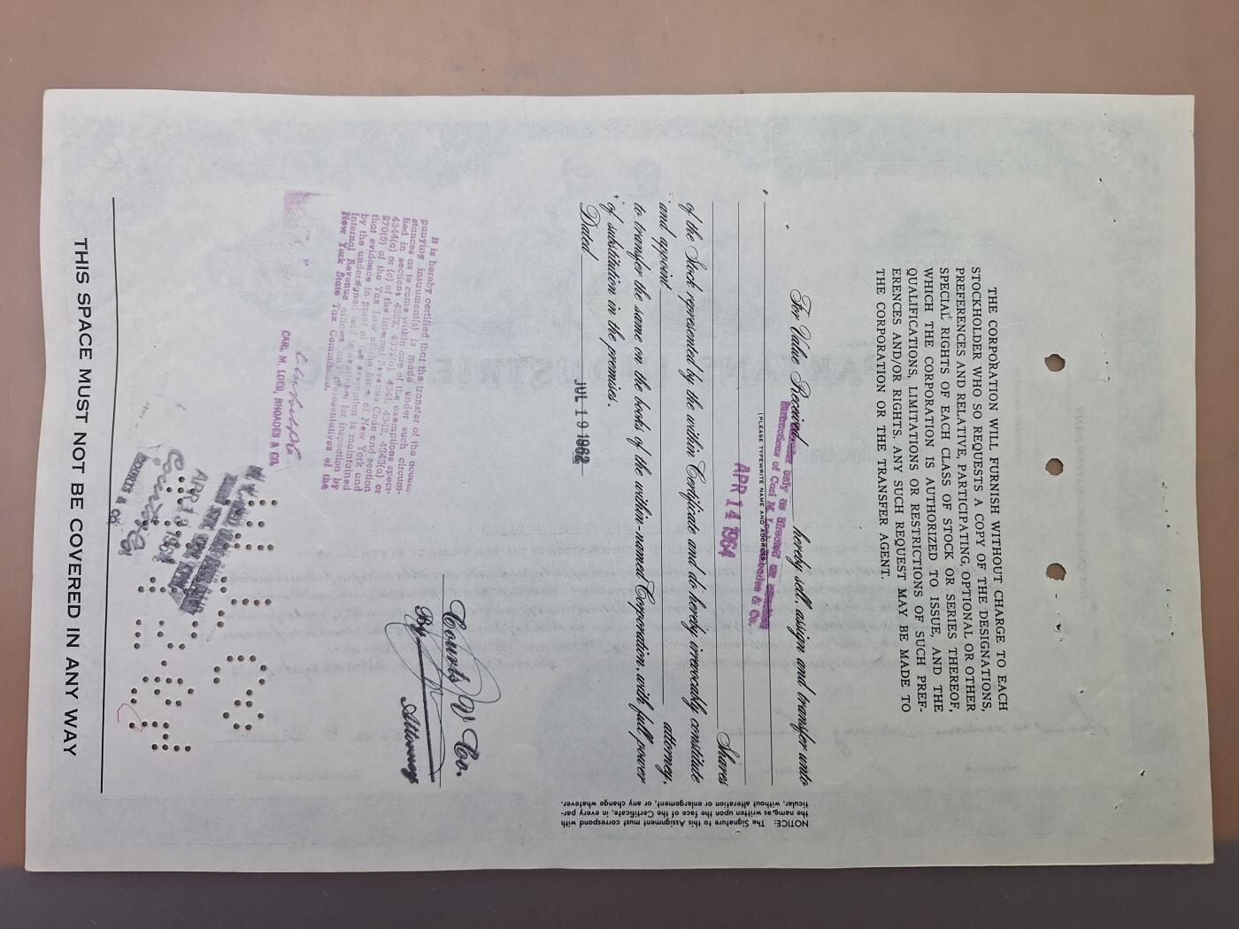 狮子猫股票债券纸品第一期 美国1962年斯巴达工业公司 股票号码26308（蓝色）