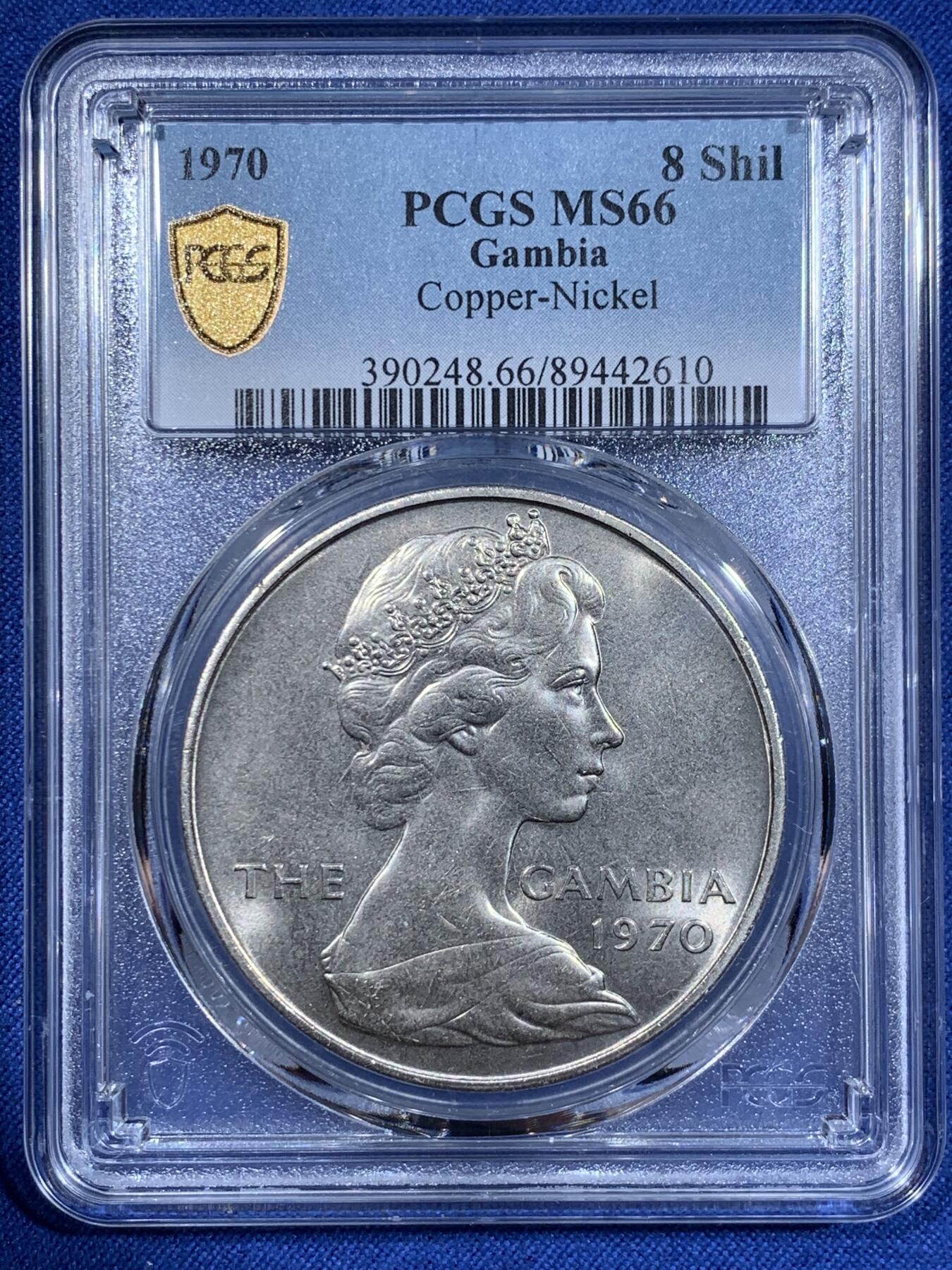 《竞宝斋》第411场 周日，周一，周二，3场连拍 （全场包邮） PCGS MS66 冈比亚1970年河马大型动物克朗币，冈比亚最大面值