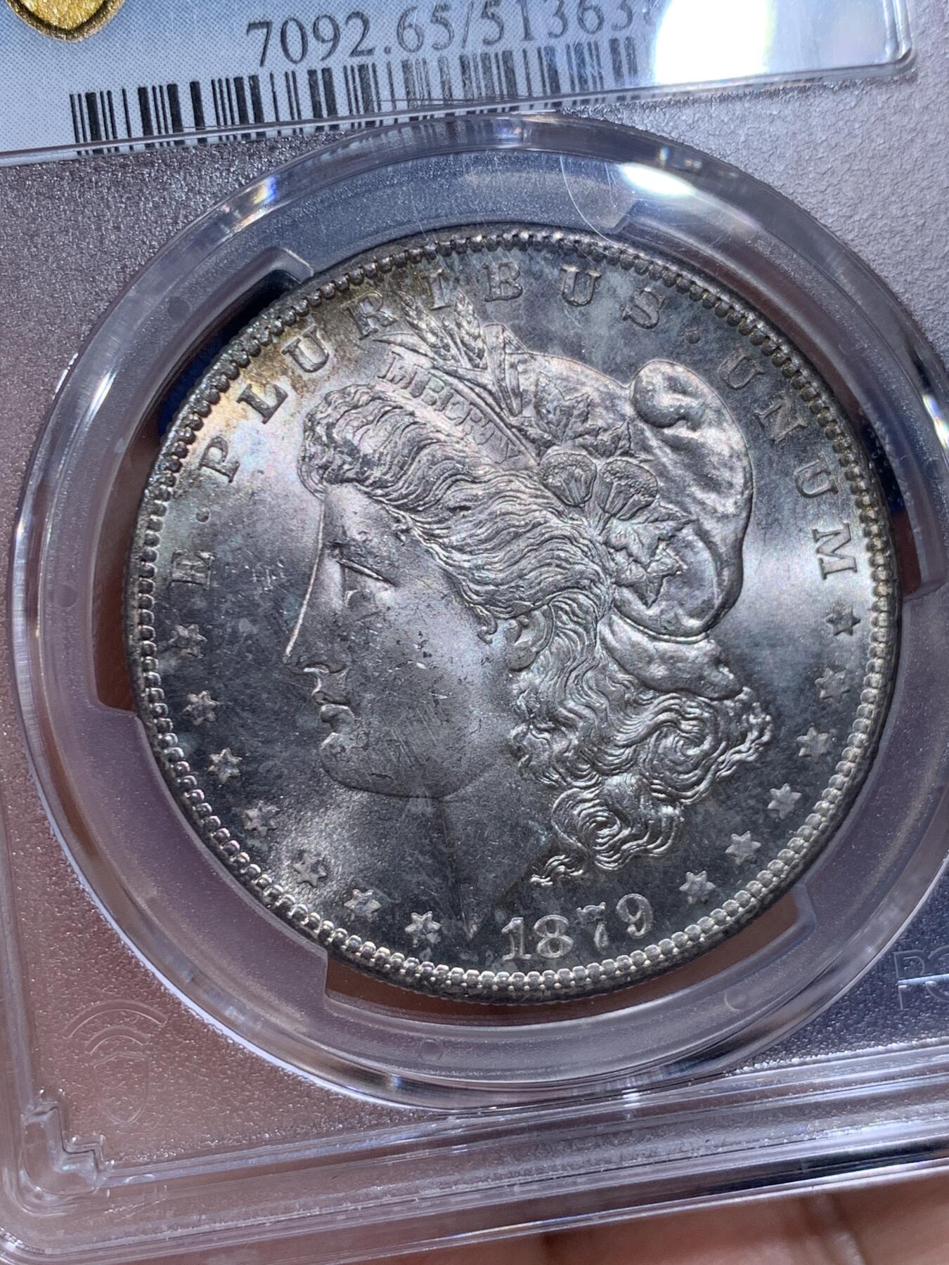 《竞宝斋》第411场 周日，周一，周二，3场连拍 （全场包邮） PCGS MS65 美国 1879年 1美元 摩根 银币 双面淡彩包浆 丝滑转光